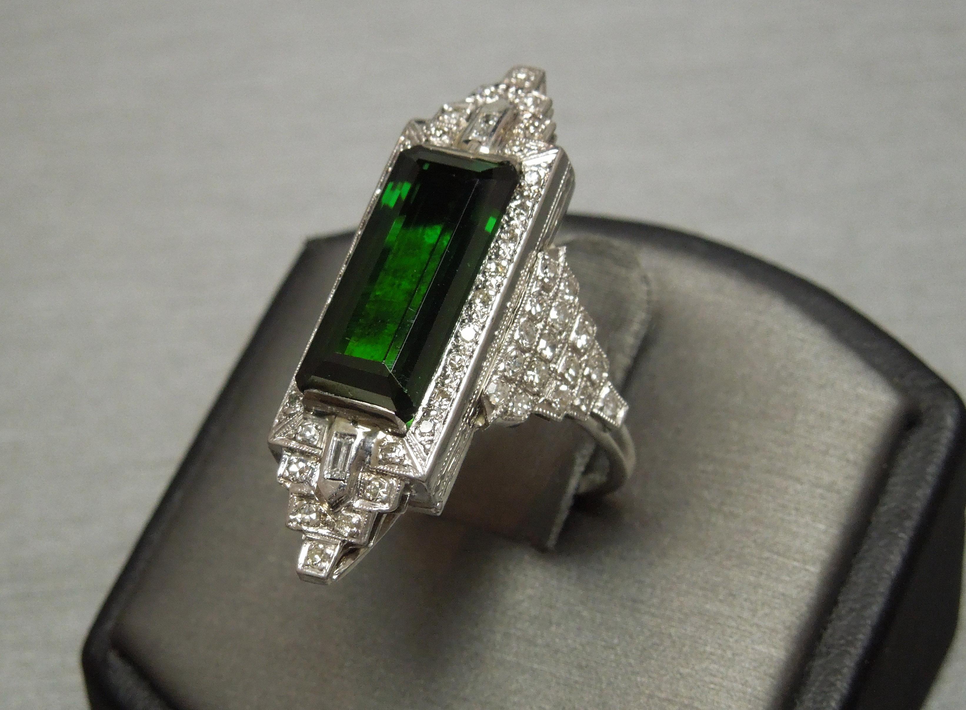 Art Deco 11 Carat Emerald Cut Tourmaline and Diamond Platinum Ring For Sale