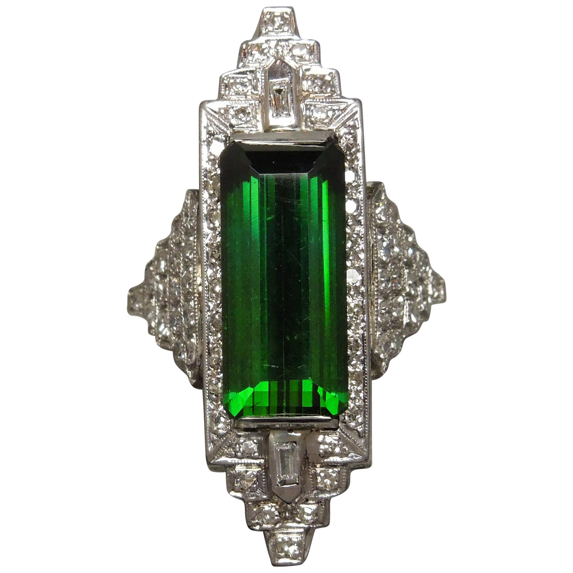 11 Carat Emerald Cut Tourmaline and Diamond Platinum Ring For Sale