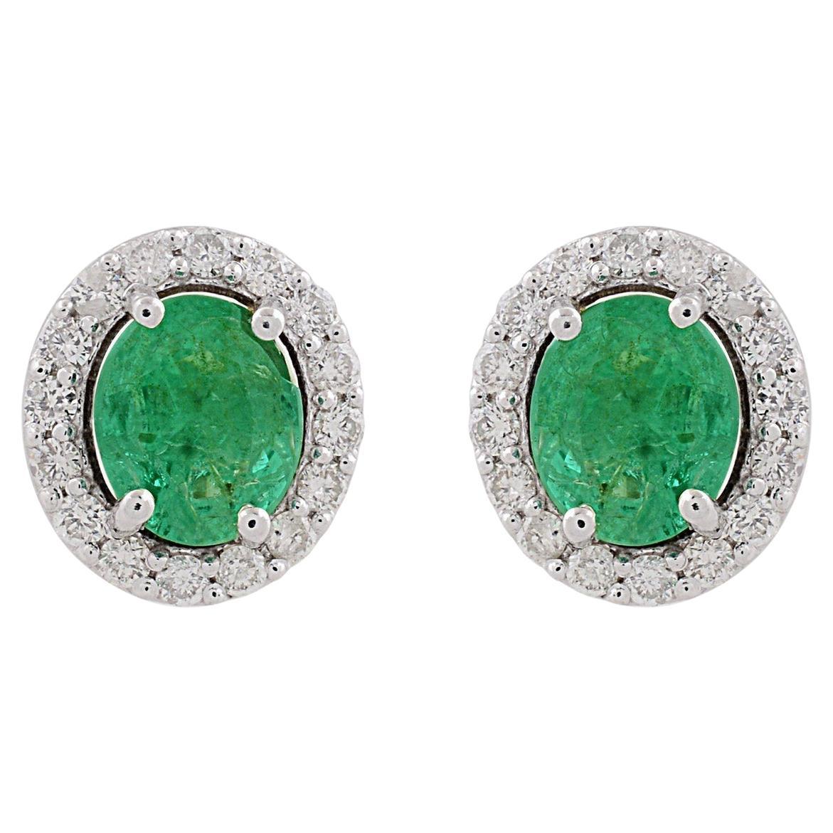 1.1 Carat Emerald Diamond 10 Karat Gold Oval Stud Earrings For Sale