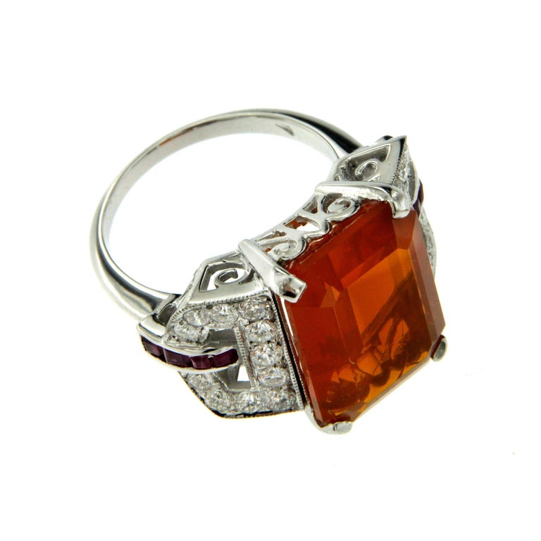 Emerald Cut 11 Carat Fire Opal Ruby Diamond Gold Ring