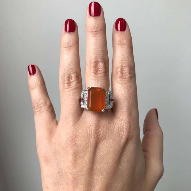 Women's or Men's 11 Carat Fire Opal Ruby Diamond Gold Ring