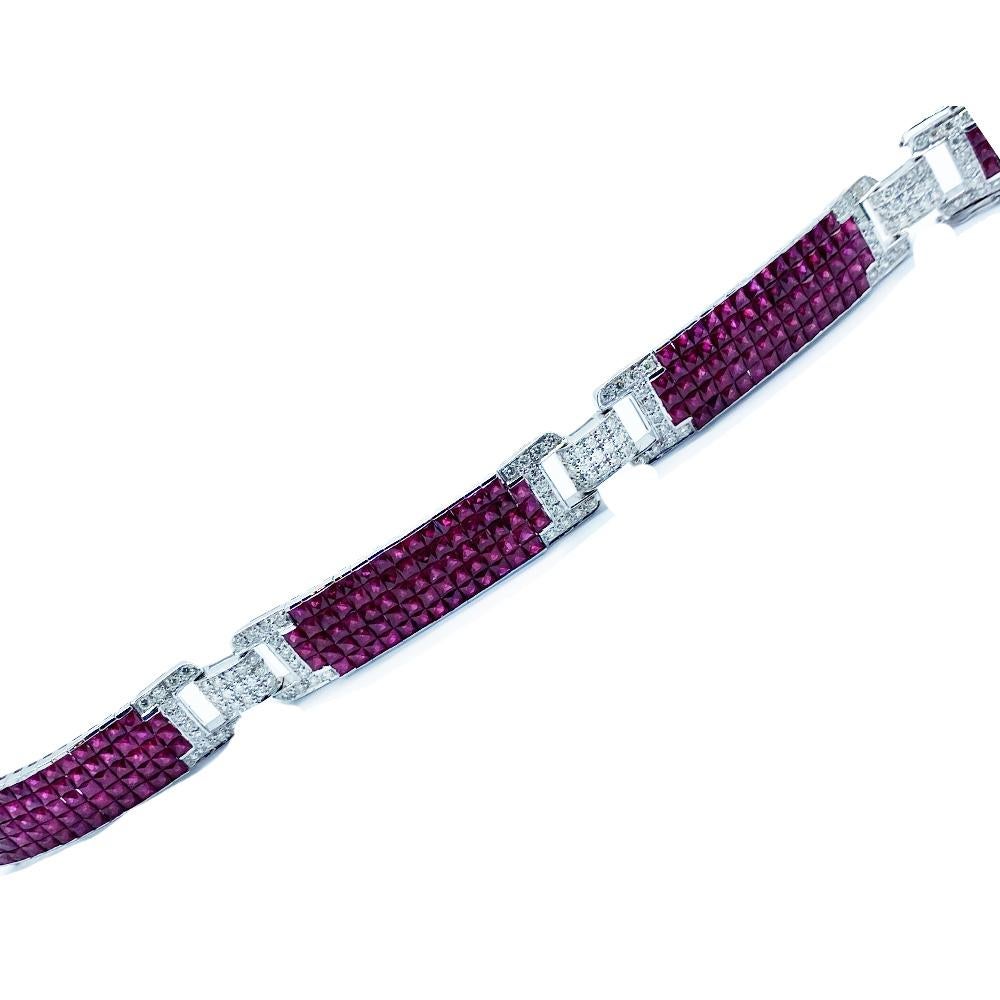Invisible diamond & princess ruby bracelet of Burma precious gemstones.
Length of bracelet is 7