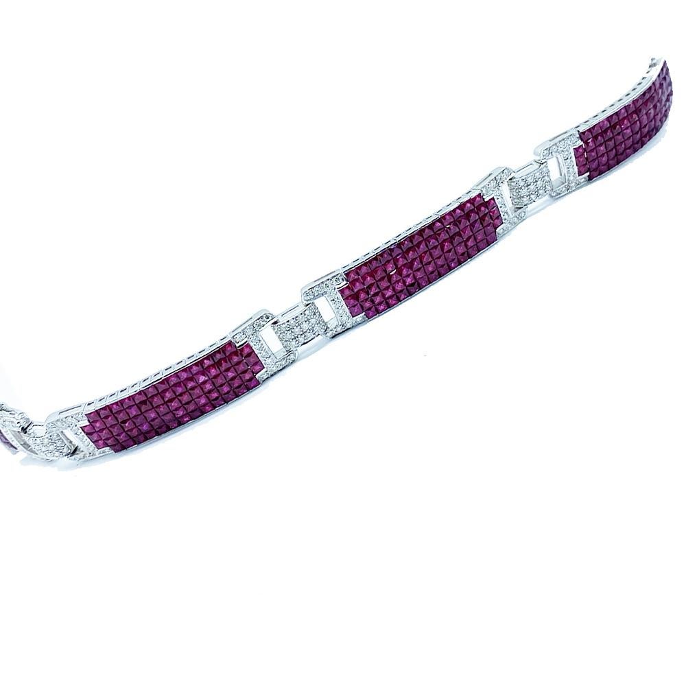 Modern 11 Carat Invisible Diamond & Pigeon Blood Ruby Bracelet 18 Karat  For Sale