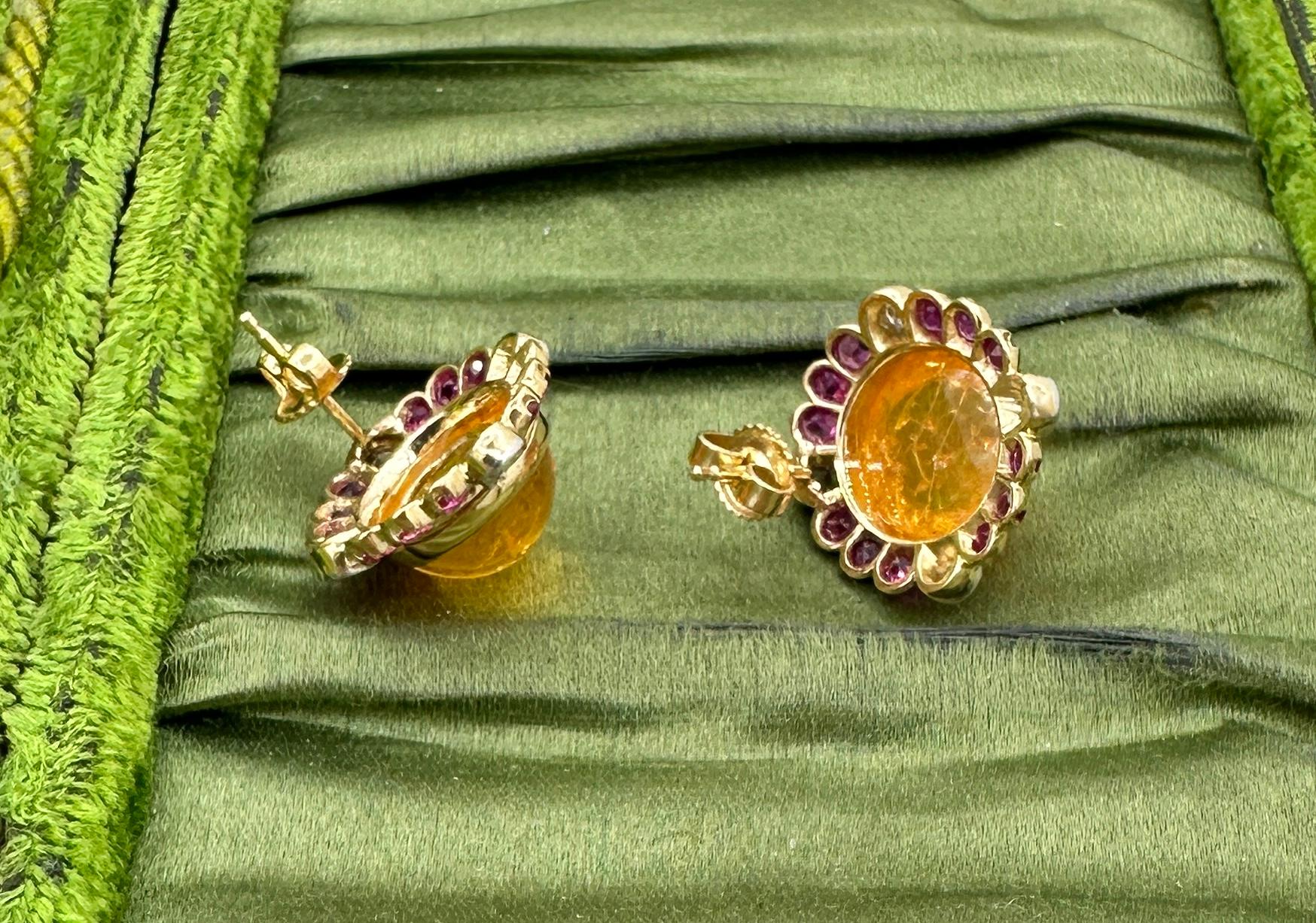 11 Carat Mexican Fire Opal Ruby Diamond Earrings 14 Karat Gold Art Deco Retro For Sale 5