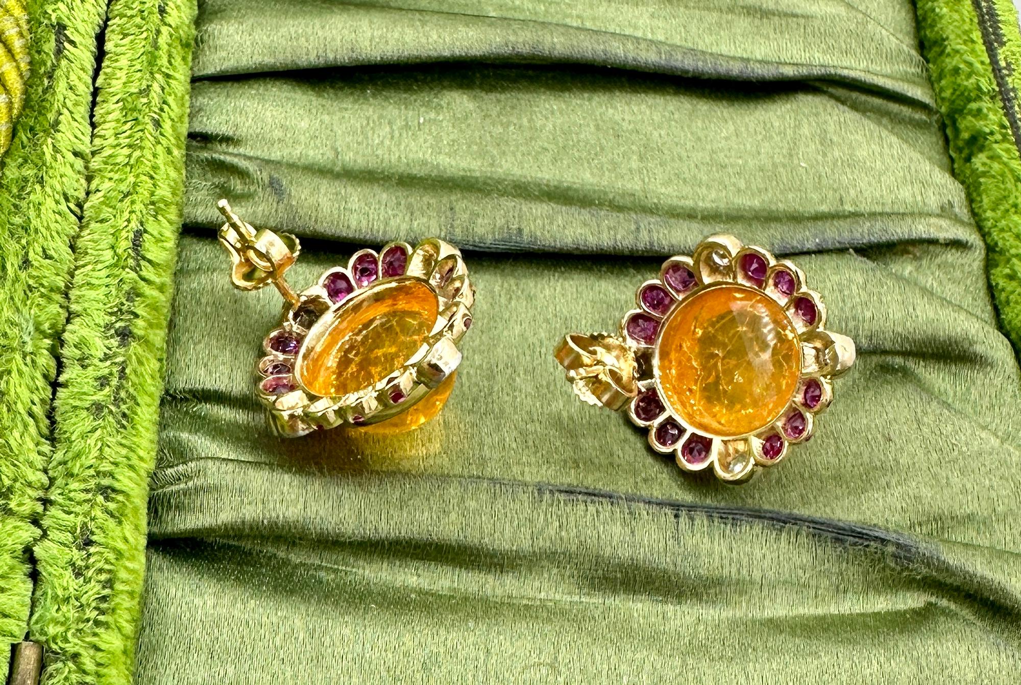 11 Carat Mexican Fire Opal Ruby Diamond Earrings 14 Karat Gold Art Deco Retro For Sale 6