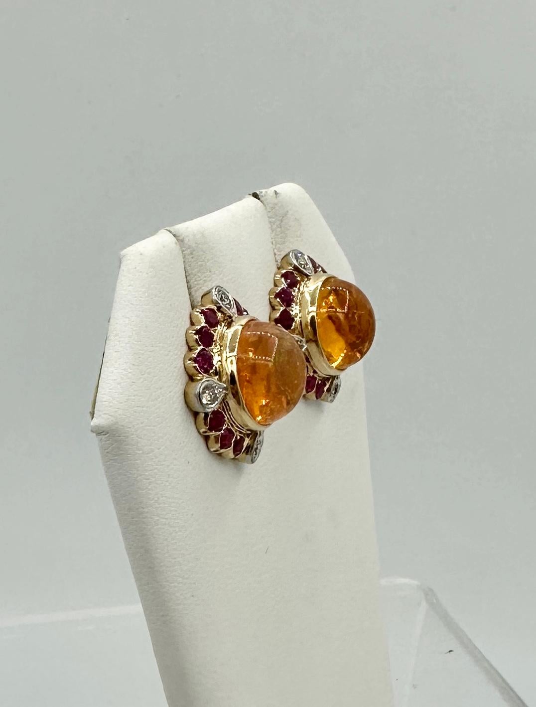11 Carat Mexican Fire Opal Ruby Diamond Earrings 14 Karat Gold Art Deco Retro For Sale 7