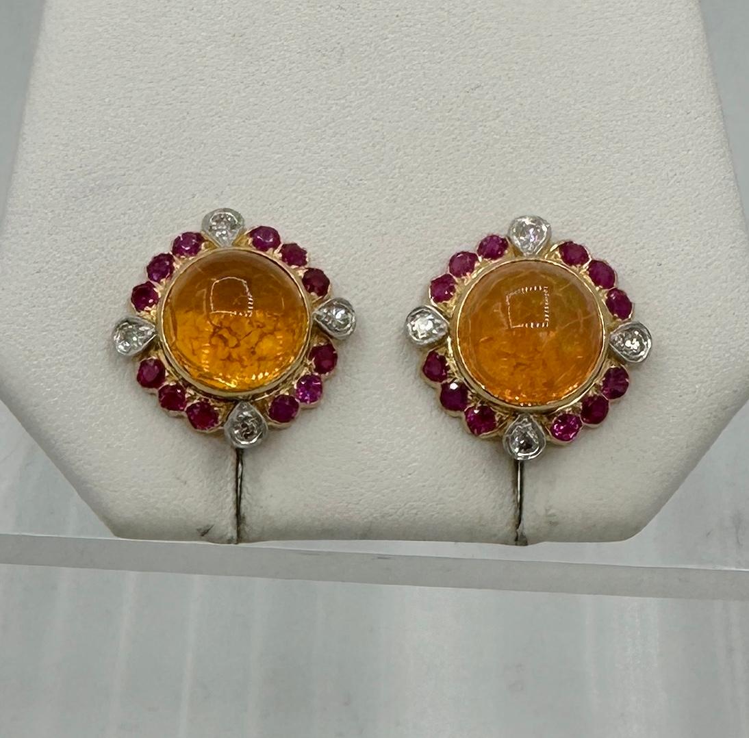 Cabochon 11 Carat Mexican Fire Opal Ruby Diamond Earrings 14 Karat Gold Art Deco Retro For Sale