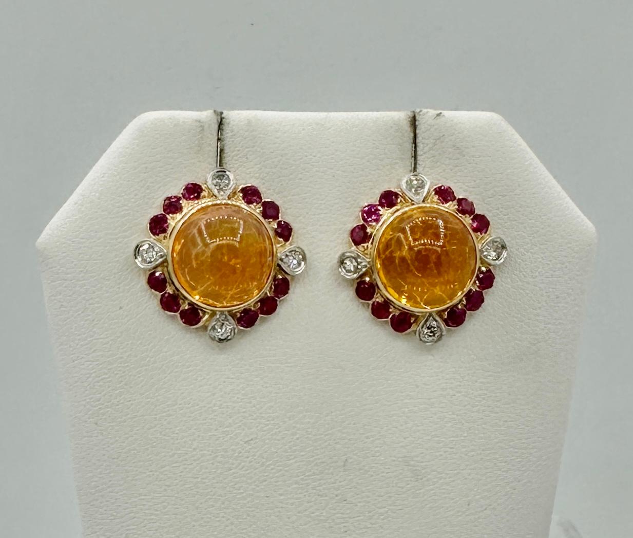 11 Carat Mexican Fire Opal Ruby Diamond Earrings 14 Karat Gold Art Deco Retro In Excellent Condition For Sale In New York, NY