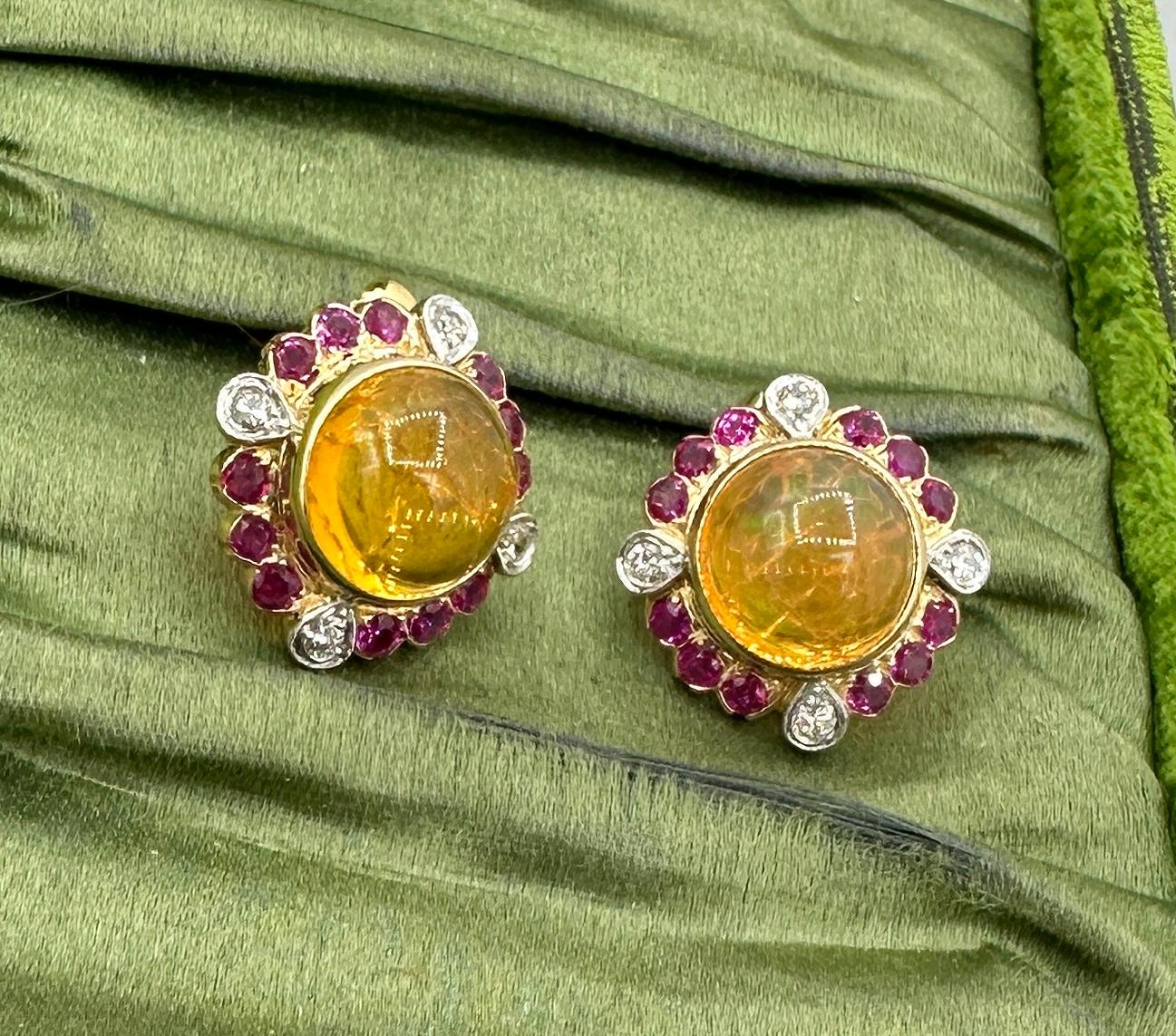 Women's 11 Carat Mexican Fire Opal Ruby Diamond Earrings 14 Karat Gold Art Deco Retro For Sale