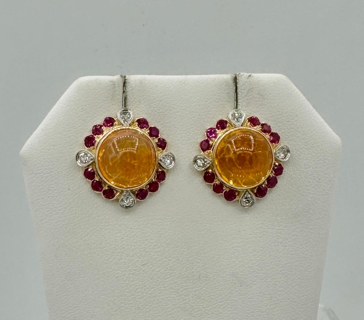11 Carat Mexican Fire Opal Ruby Diamond Earrings 14 Karat Gold Art Deco Retro For Sale 2