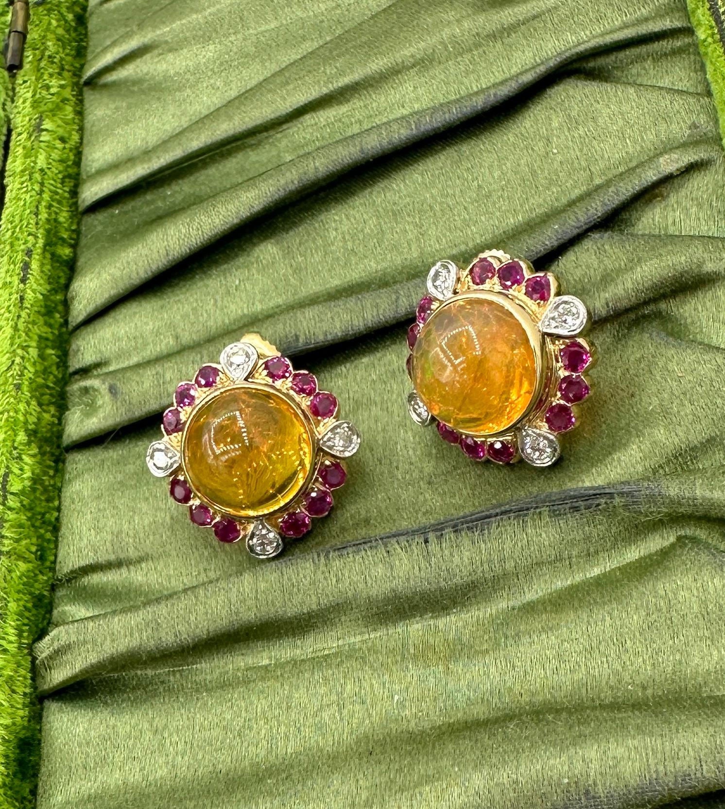 11 Carat Mexican Fire Opal Ruby Diamond Earrings 14 Karat Gold Art Deco Retro For Sale 4