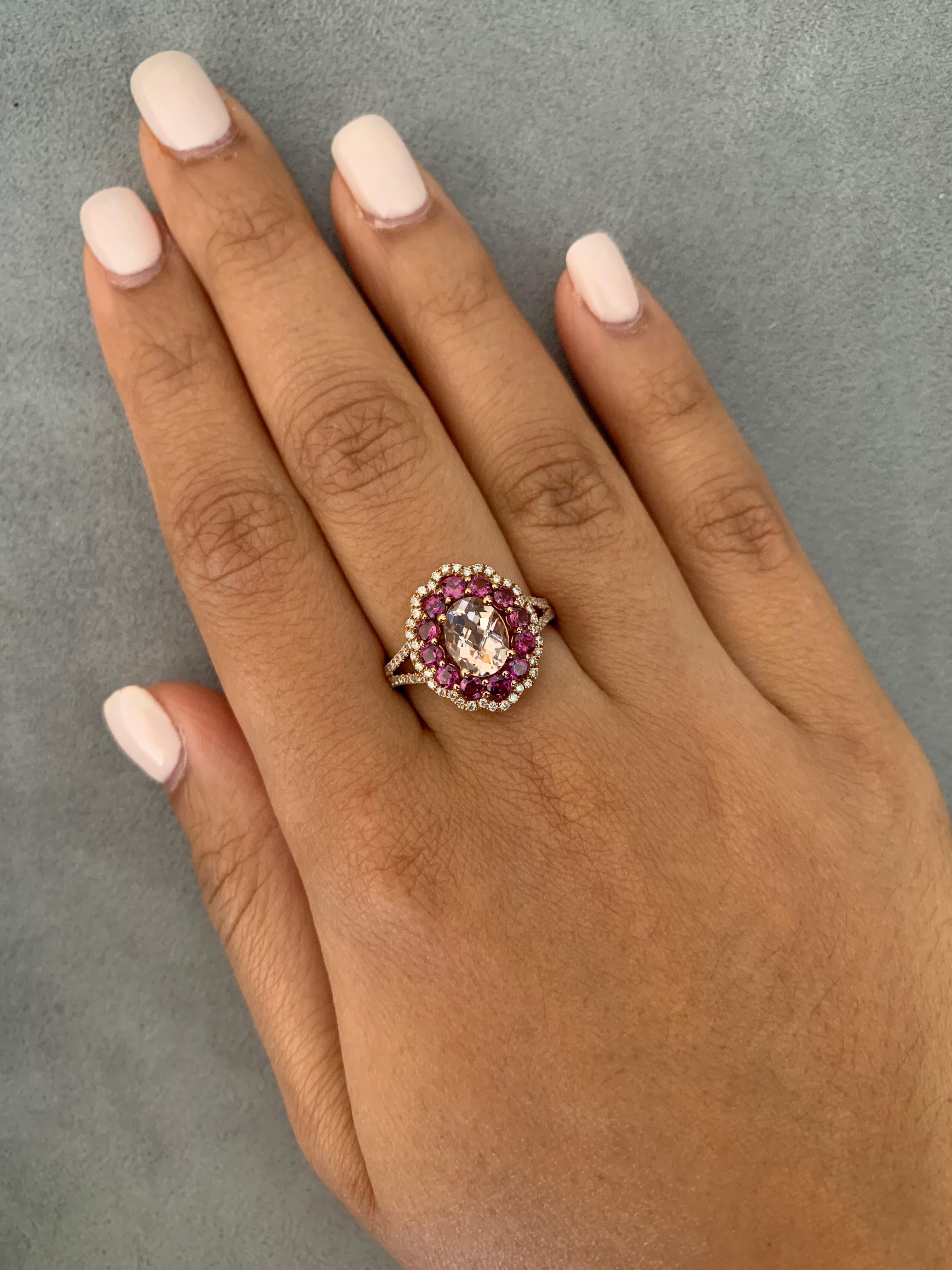 This collection features an array of magnificent morganites! Accented with diamonds these rings are made in rose gold and present a classic yet elegant look. The vibrant addition of red rhodolites perfectly assists the peachy hue of the morganite.