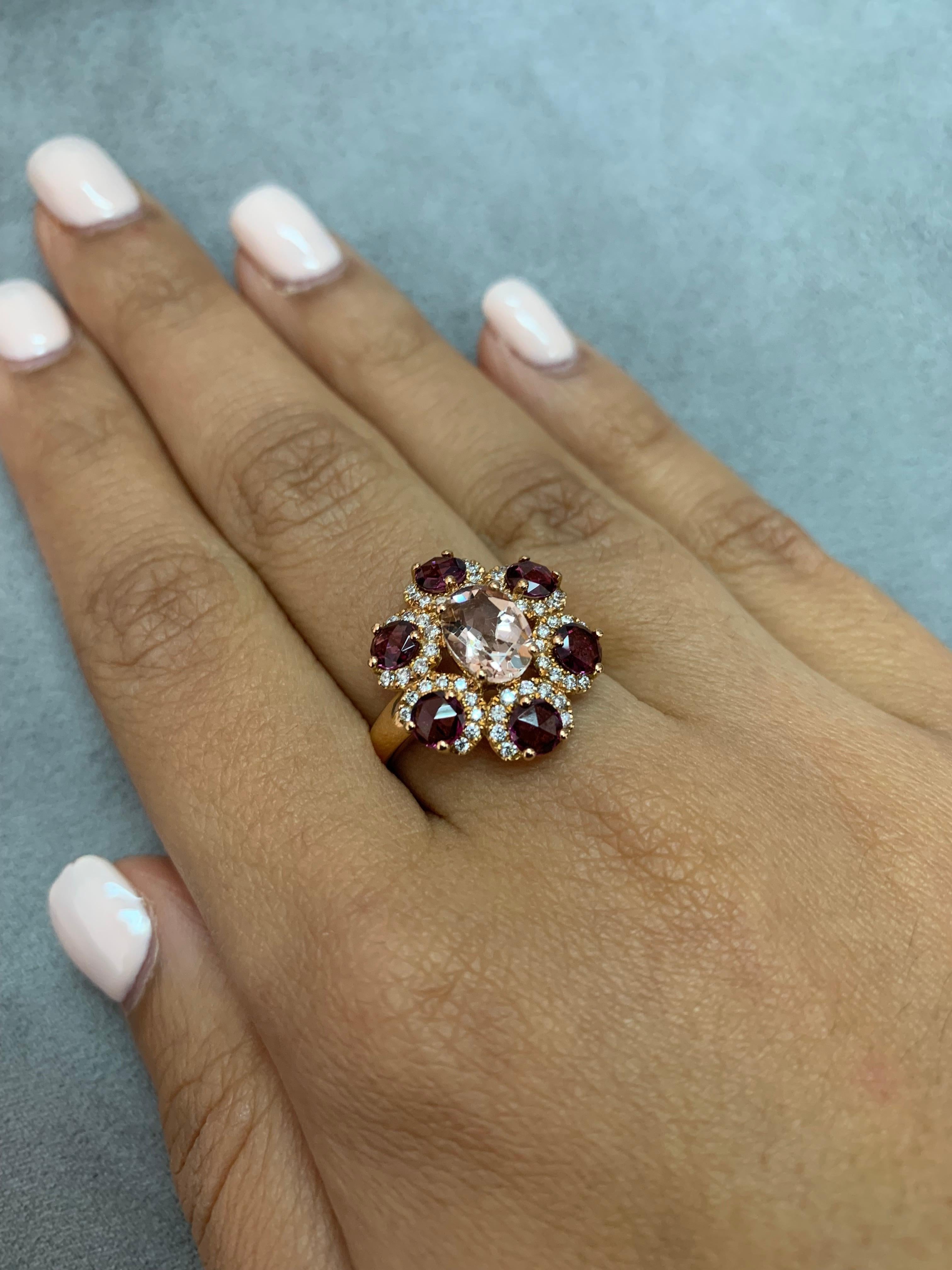 Oval Cut Sunita Nahata Morganite 1.10ct. Fancy Ring in 18KRG Rhodolite and Diamond. For Sale