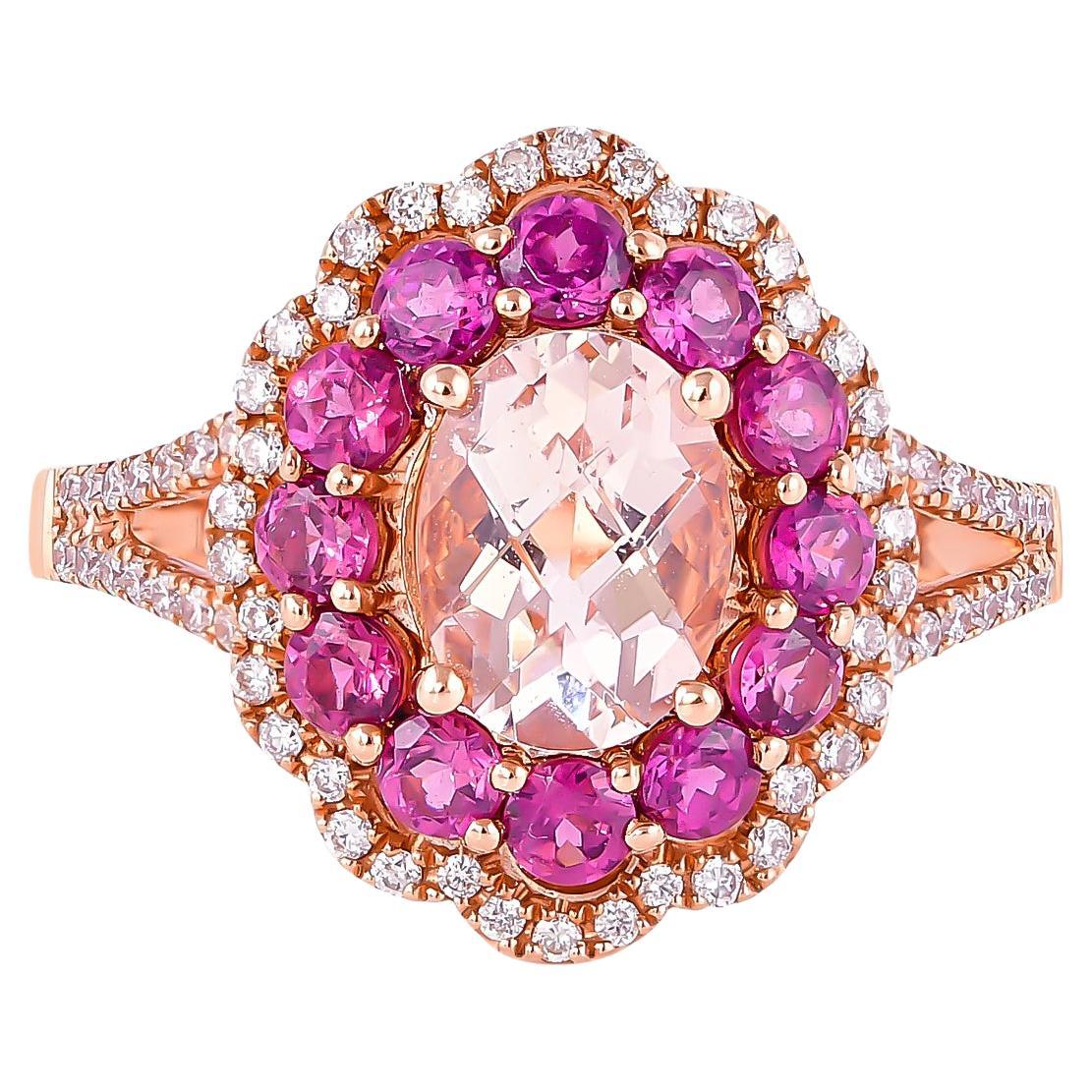 Bague en or rose 18 carats avec morganite, rhodolite et diamants de 1,1 carat