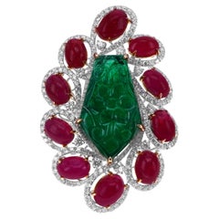 11 Carat Mughal Cut Vivid Green Emerald & 16 Carat Vivid Red Ruby 18k Old Ring