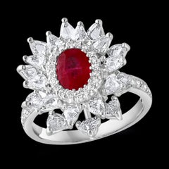 1.1 Carat Natural Oval  Ruby and 2 Carat Diamond 18 Karat White Gold Ring S 6.75