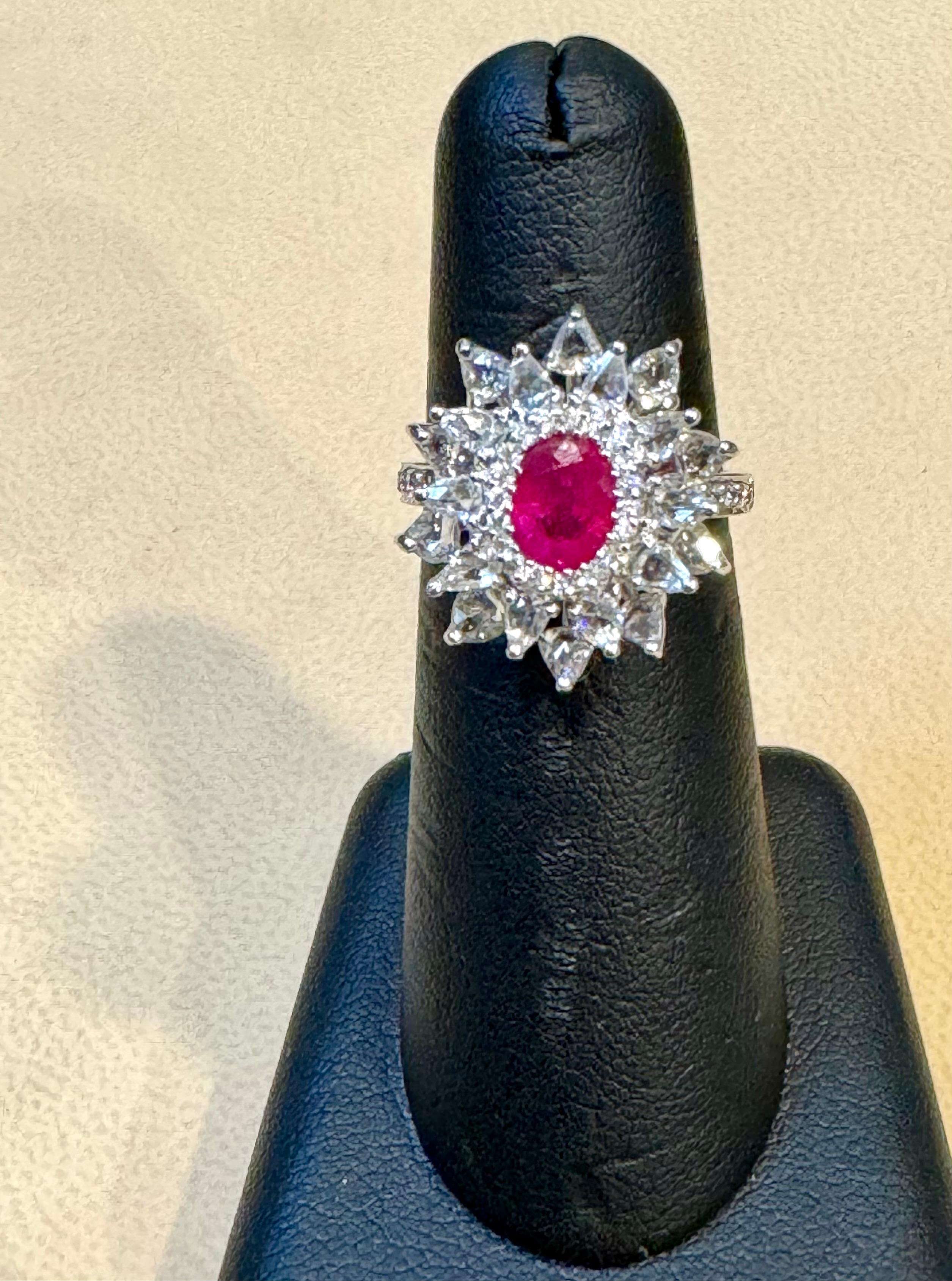 1.1 Carat Natural Oval  Ruby and 2 Carat Diamond 18 Karat White Gold Ring S 6.75 In Excellent Condition For Sale In New York, NY