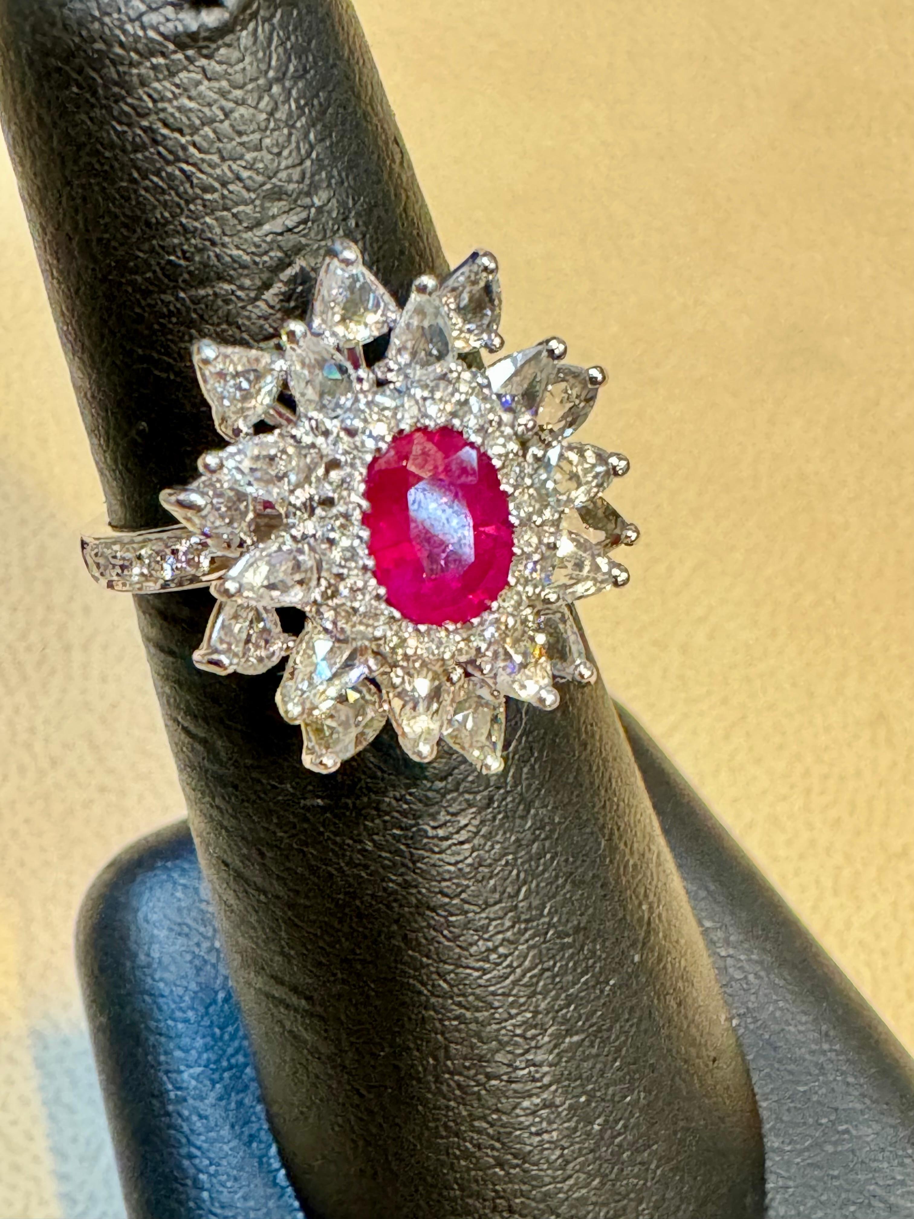 Women's 1.1 Carat Natural Oval  Ruby and 2 Carat Diamond 18 Karat White Gold Ring S 6.75 For Sale