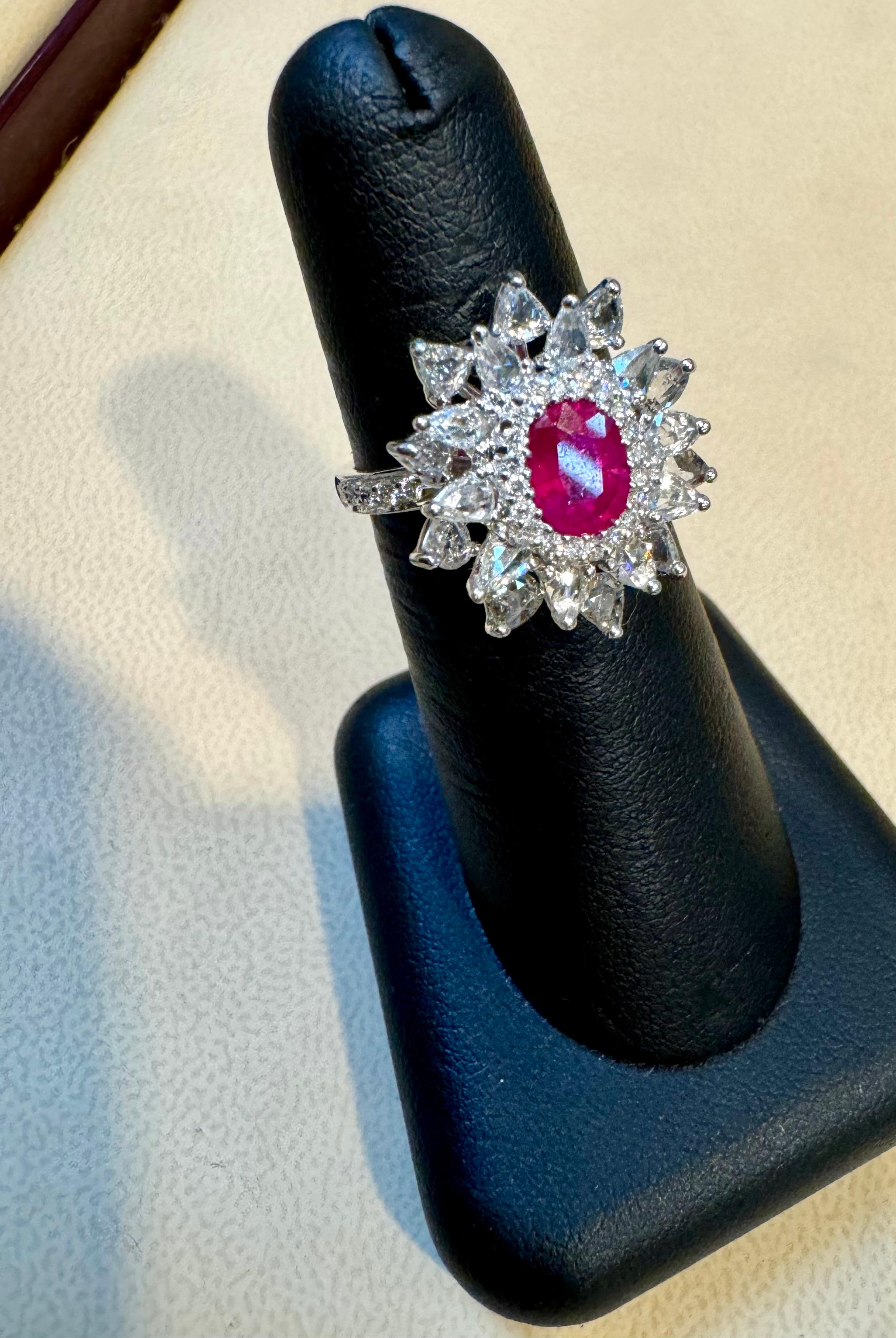 Women's 1.1 Carat Natural Oval  Ruby and 2 Carat Diamond 18 Karat White Gold Ring S 6.75 For Sale