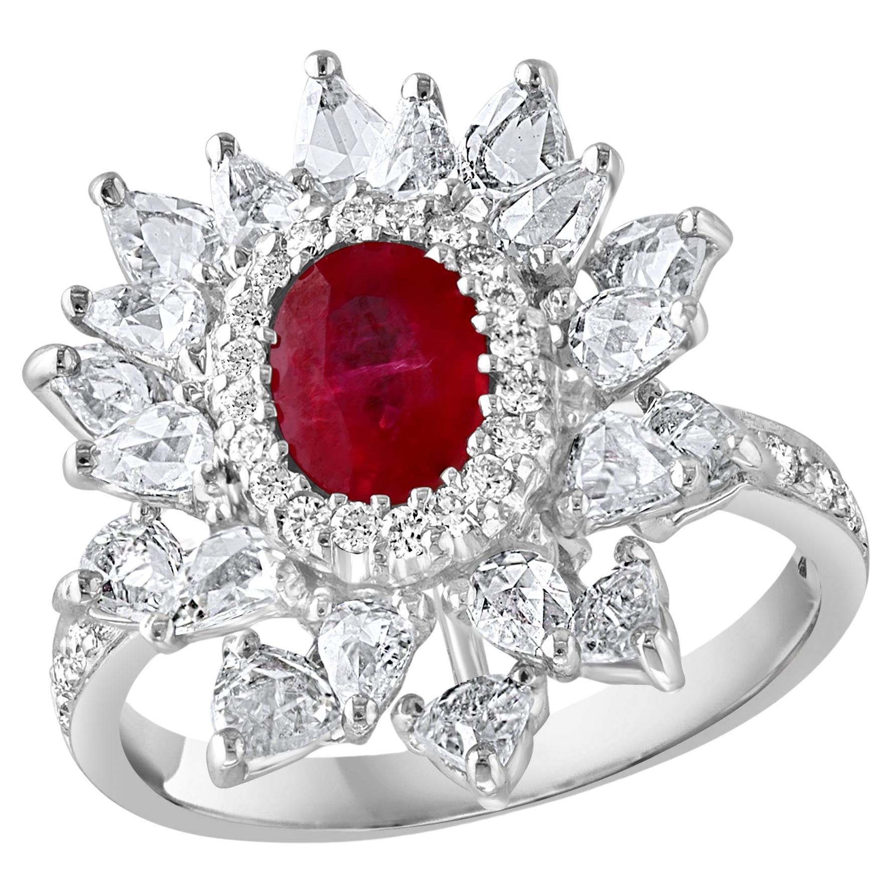1.1 Carat Natural Oval  Ruby and 2 Carat Diamond 18 Karat White Gold Ring S 6.75 For Sale