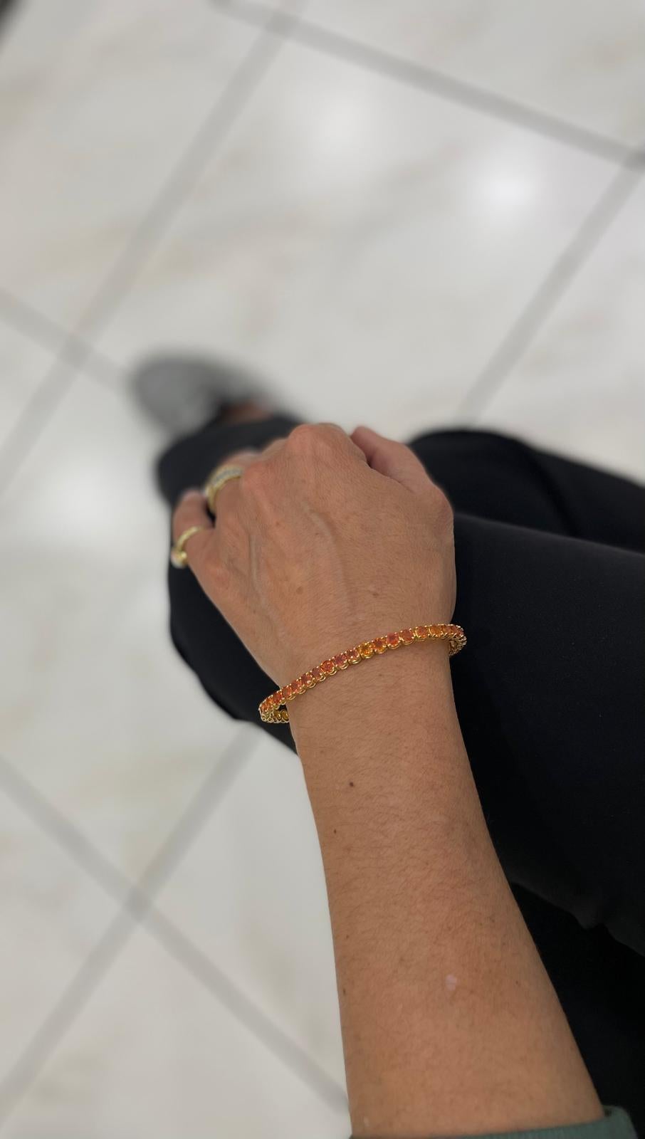 11 Carat Natural Padparadsha Sapphire Yellow Gold Tennis Bracelet For Sale 9