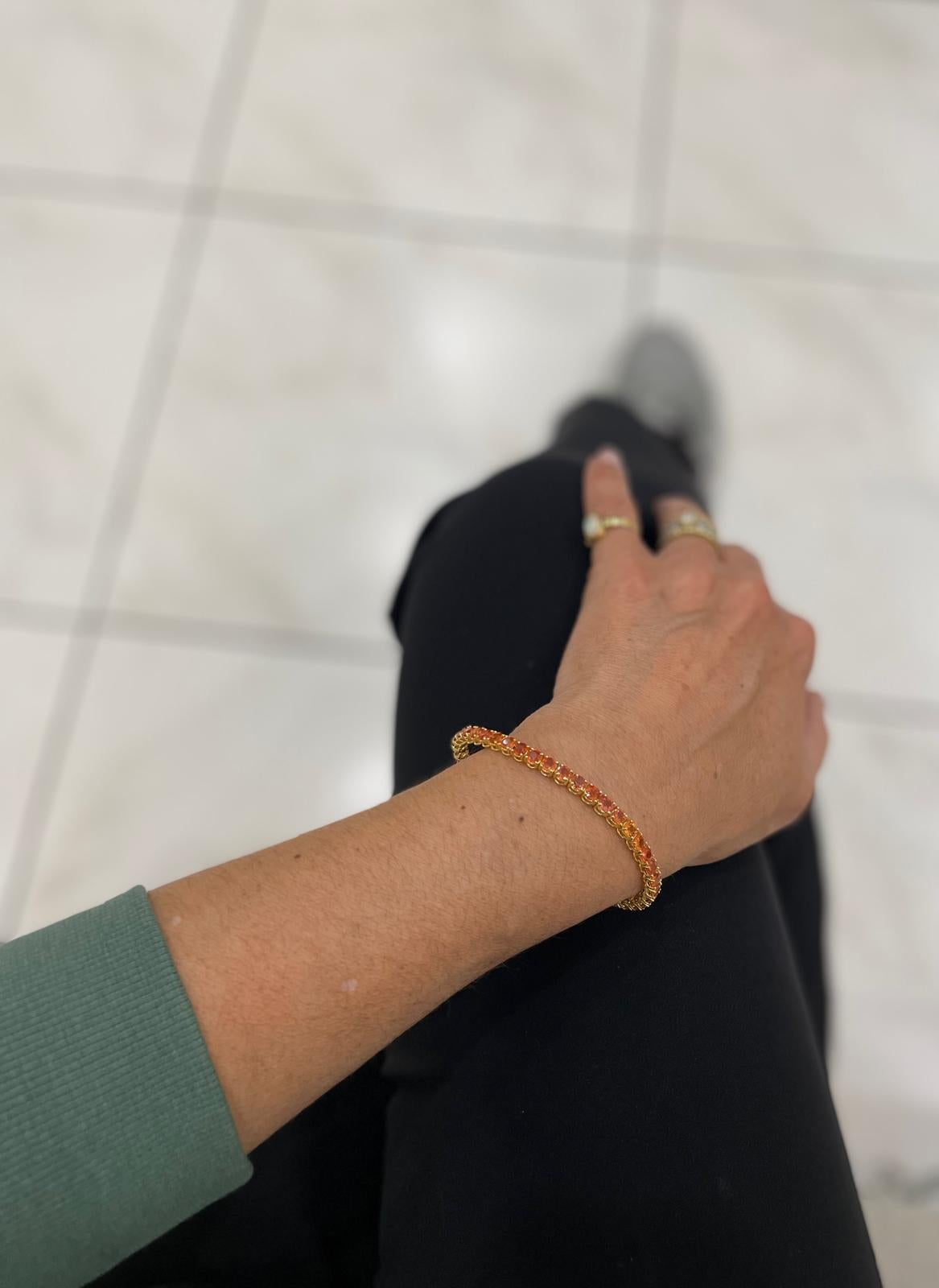 11 Carat Natural Padparadsha Sapphire Yellow Gold Tennis Bracelet For Sale 10