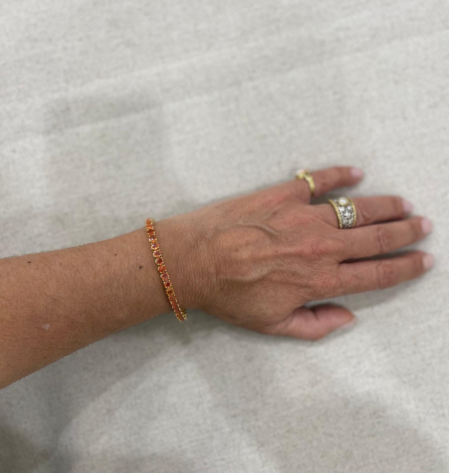 11 Carat Natural Padparadsha Sapphire Yellow Gold Tennis Bracelet For Sale 11
