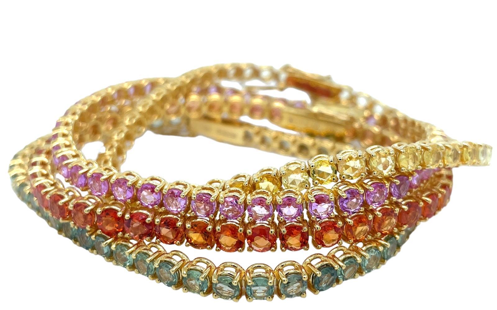 11 Carat Natural Padparadsha Sapphire Yellow Gold Tennis Bracelet For Sale 14