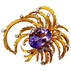 11 Carat Natural Purple Amethyst Curling Petals Diamonds Pendant Brooch 18 Karat