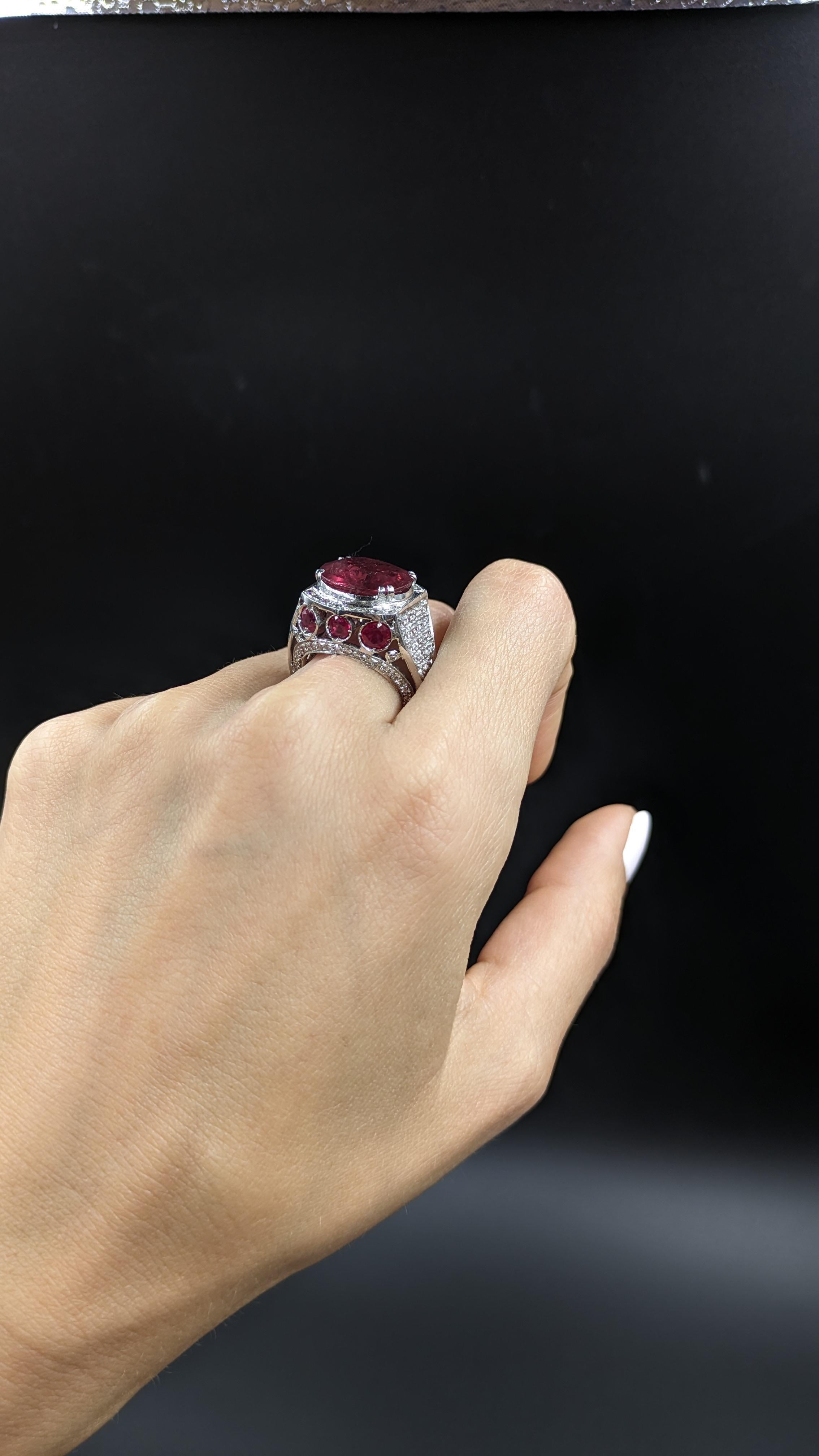 Women's 11 Carat Natural Ruby Ring and 2.3 carat Diamond Cocktail Ring For Sale