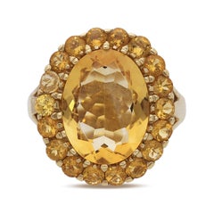 11 Carat Oval Citrine & Round Citrine Halo 14K Yellow Gold Vintage Cocktail Ring