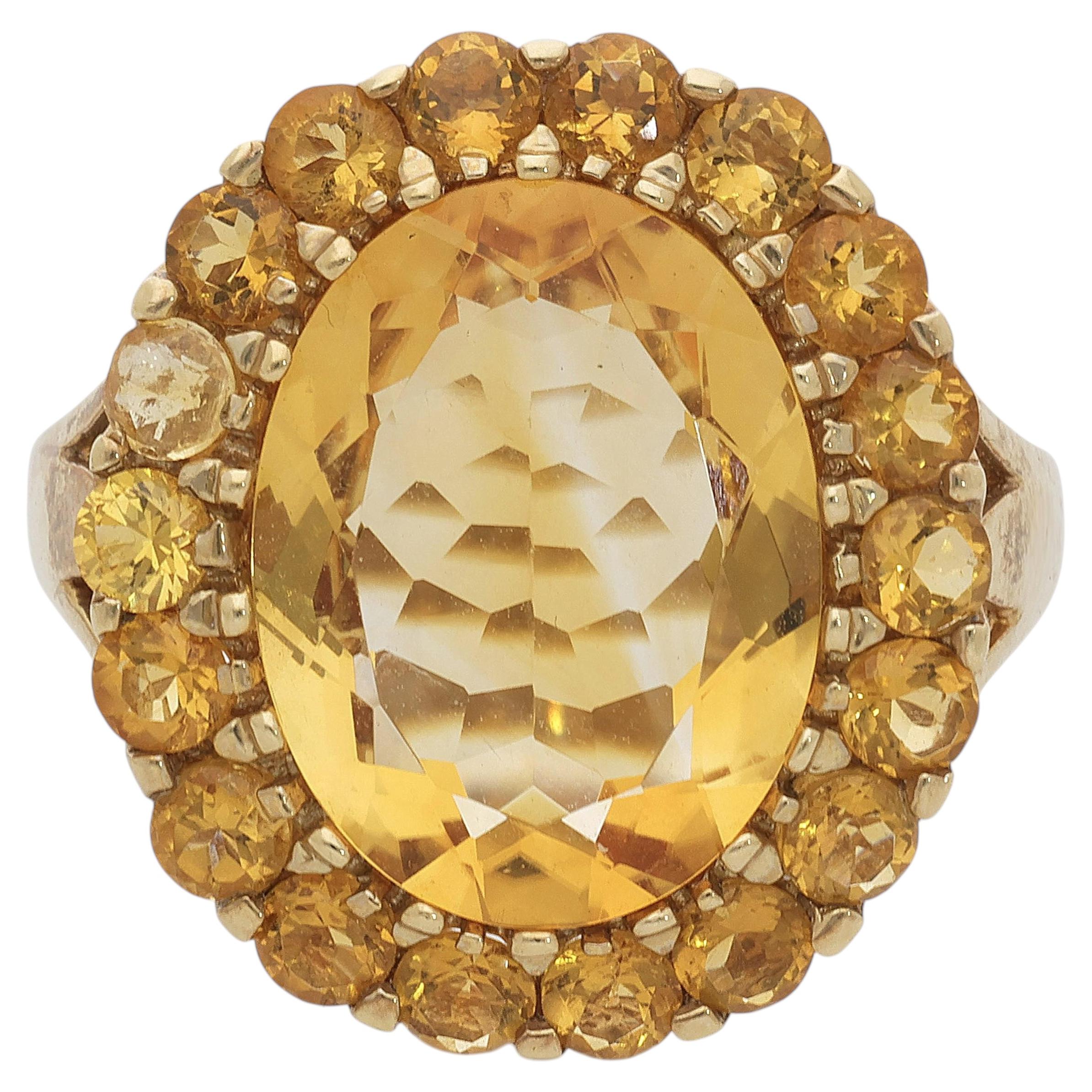 11 Karat ovaler Citrin & runder Citrin Halo 14K Gelbgold Vintage Cocktail Ring