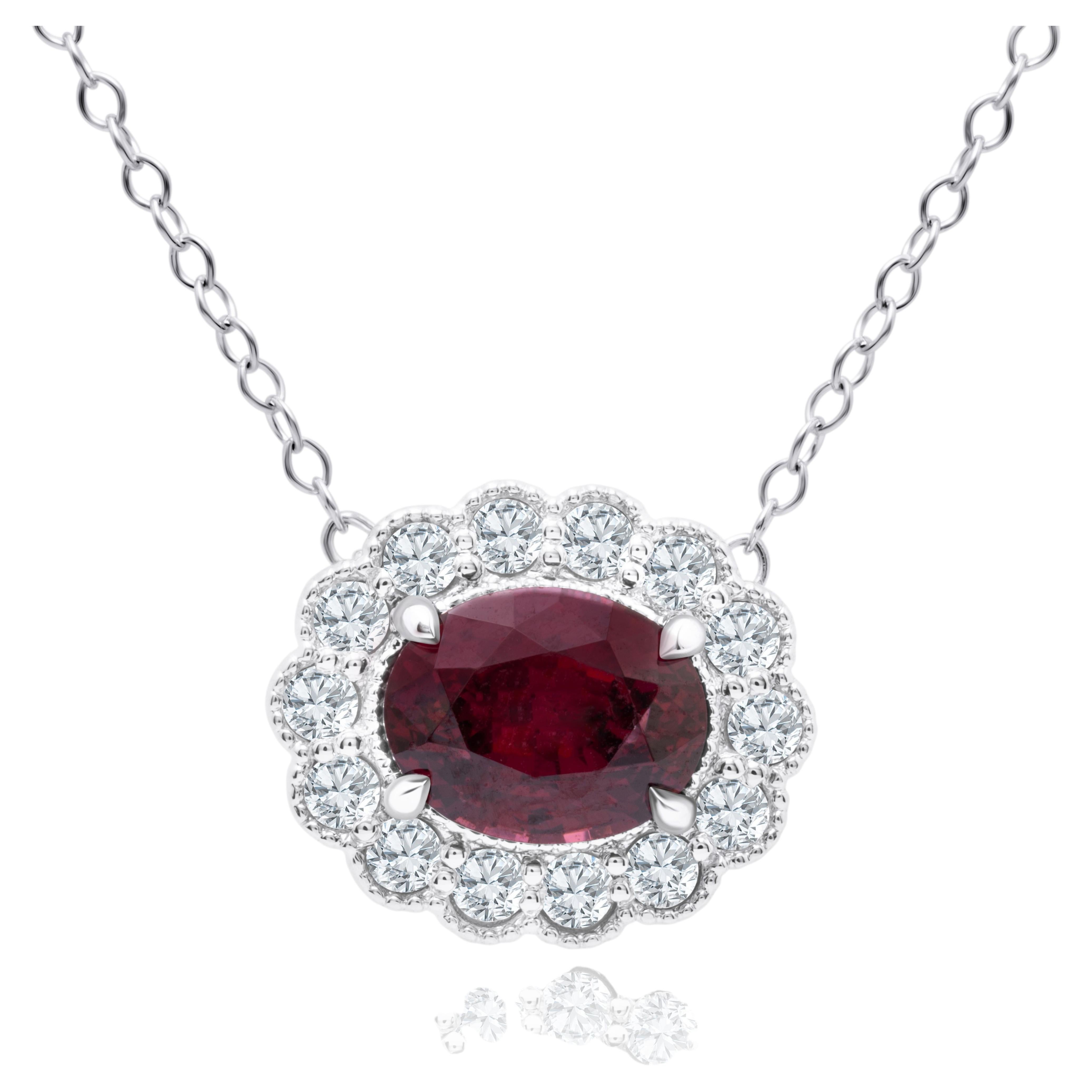 1.1 Carat Oval Ruby Pendant with 0.24 Carat Natural Diamond Halo in 14k ref1183 For Sale