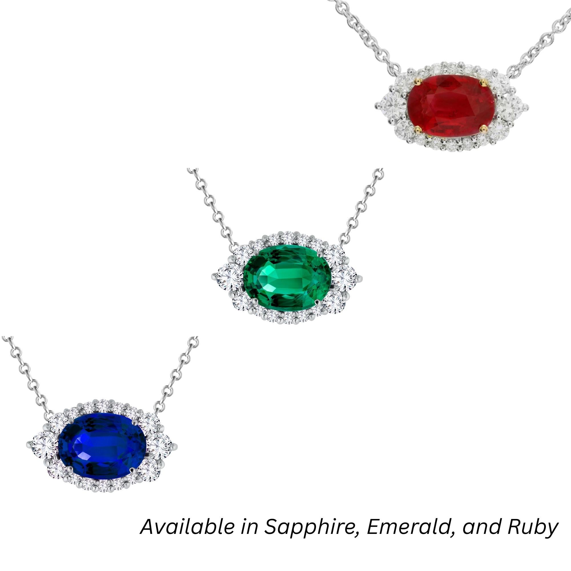 Contemporain Pendentif saphir ovale 1,1 carat avec halo diamant 0,40 carat en 18k blanc ref923 en vente