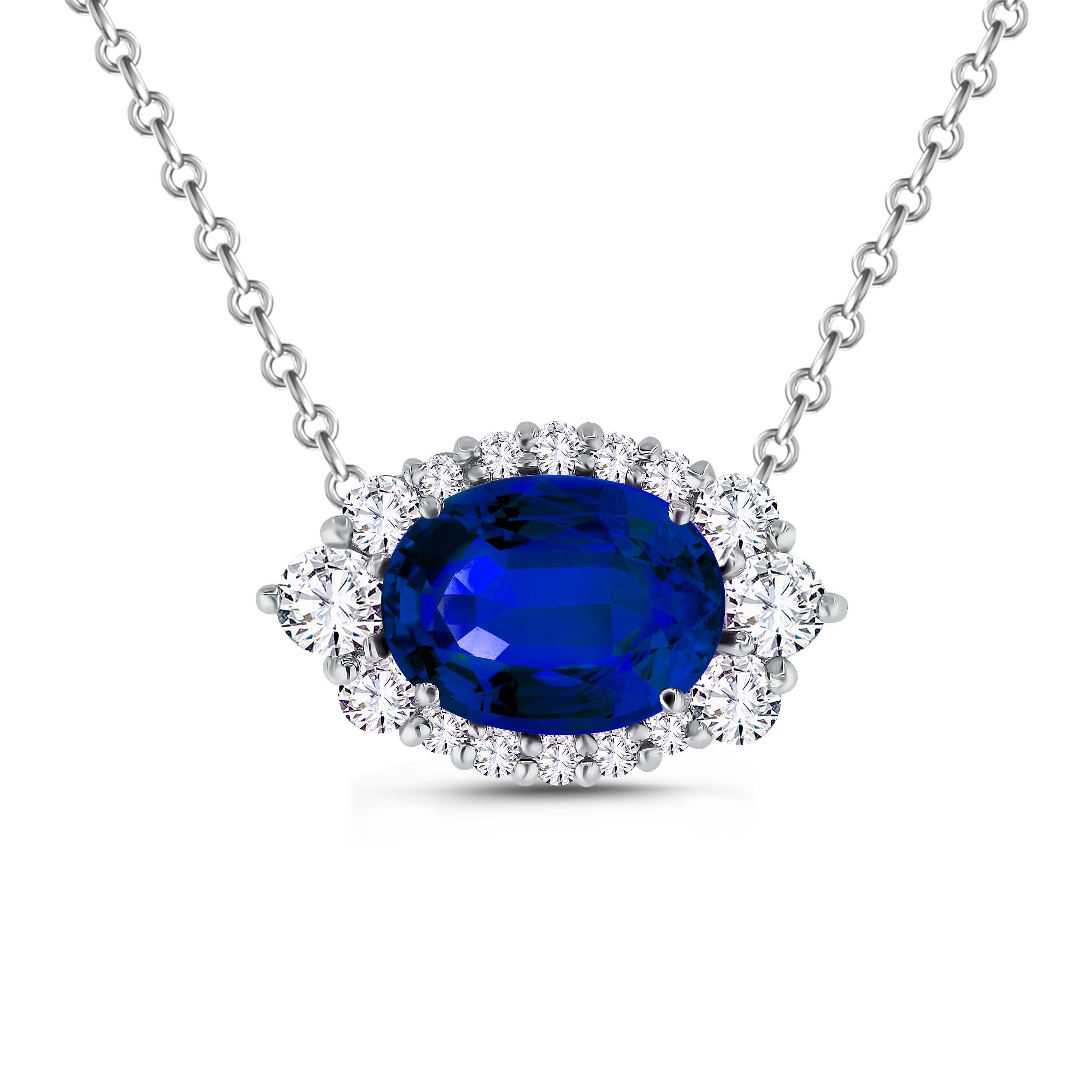 Pendentif saphir ovale 1,1 carat avec halo diamant 0,40 carat en 18k blanc ref923 en vente 2