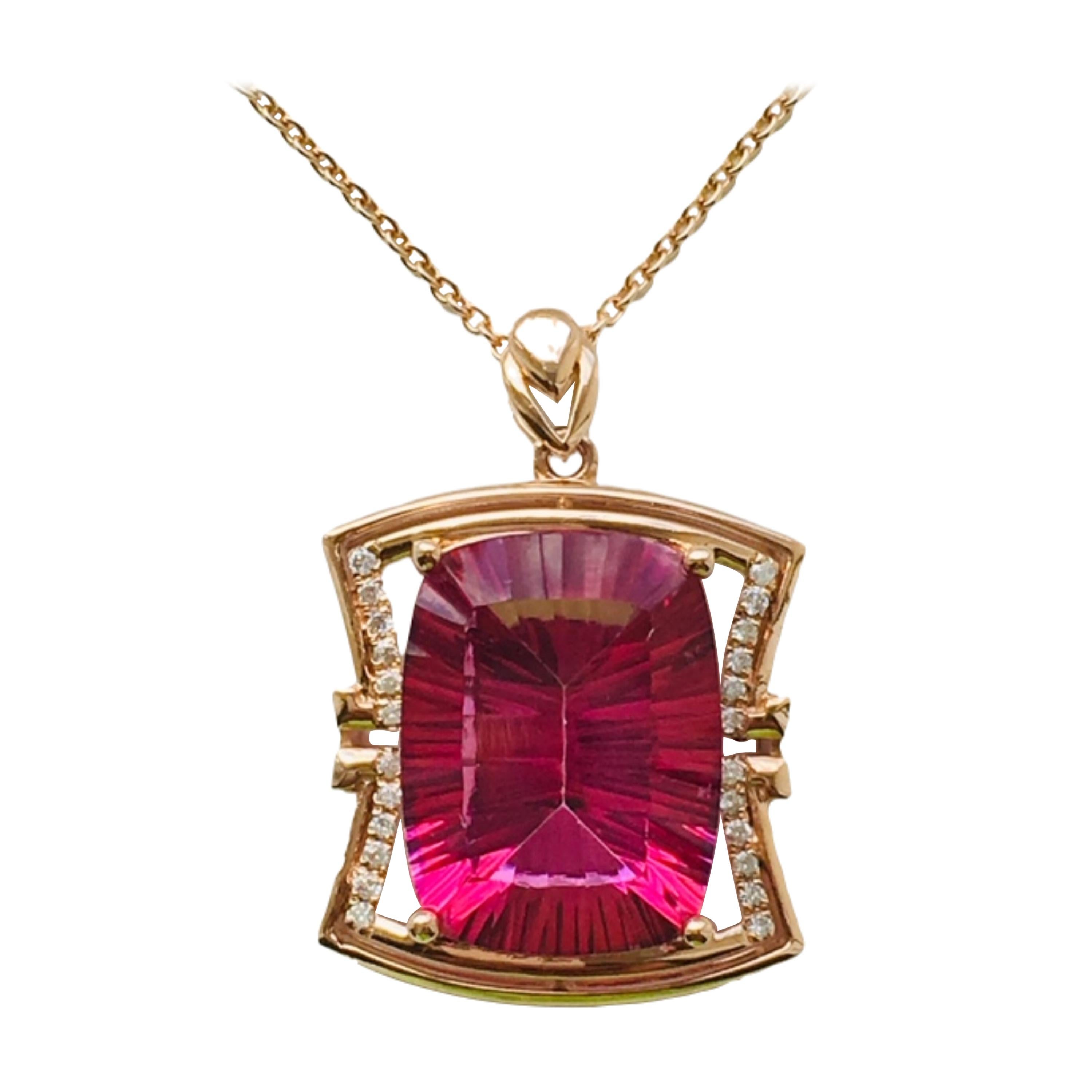 11Ct Pink Topaz Diamond Necklace 18K Rose Gold For Sale
