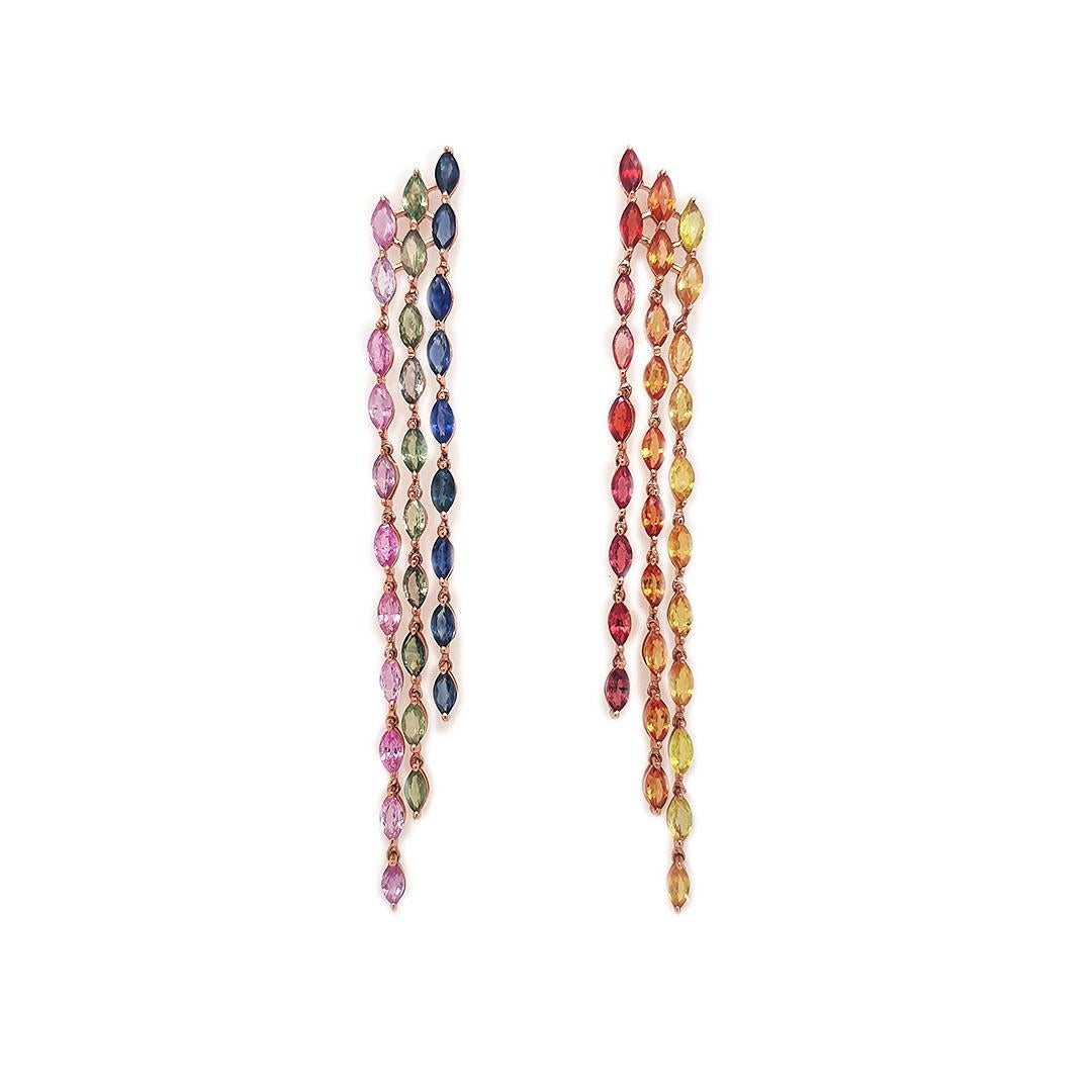 Marquise Cut 11 Carat Rainbow Sapphire Marquise Drop Earring in 14K Gold For Sale