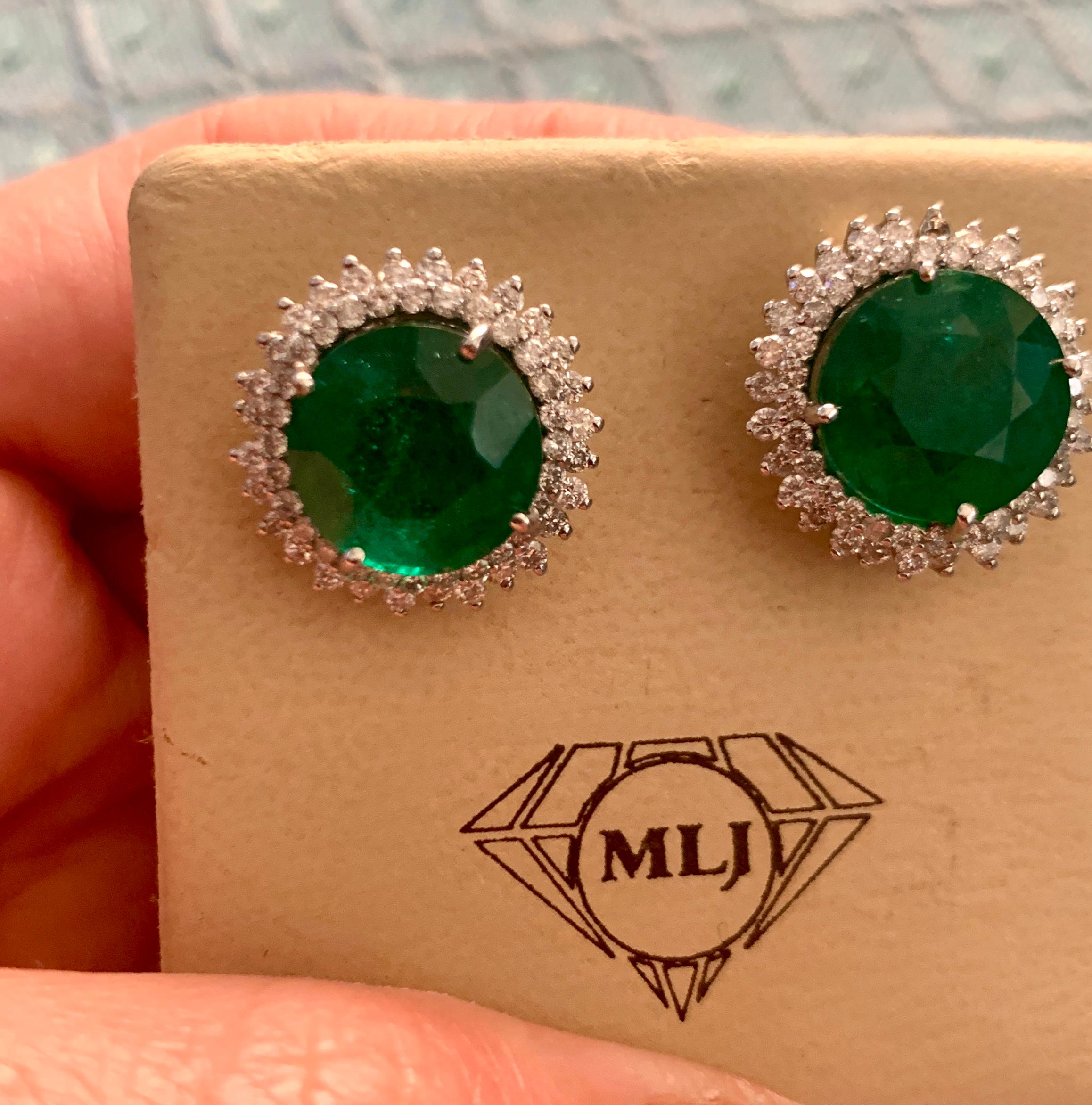 11 Carat Round Emerald and Diamond Stud Earrings 14 Karat White Gold For Sale 5