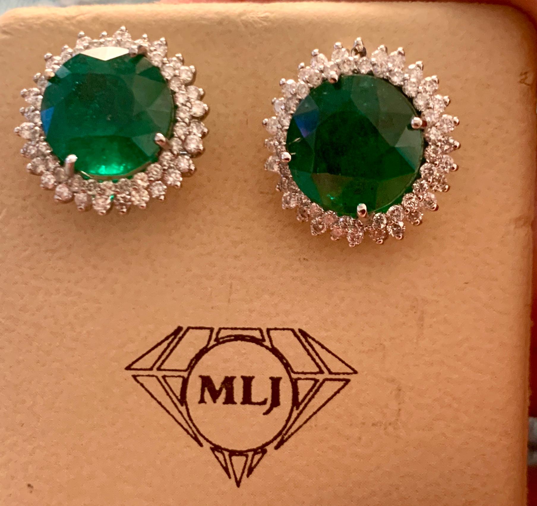 11 Carat Round Emerald and Diamond Stud Earrings 14 Karat White Gold For Sale 6