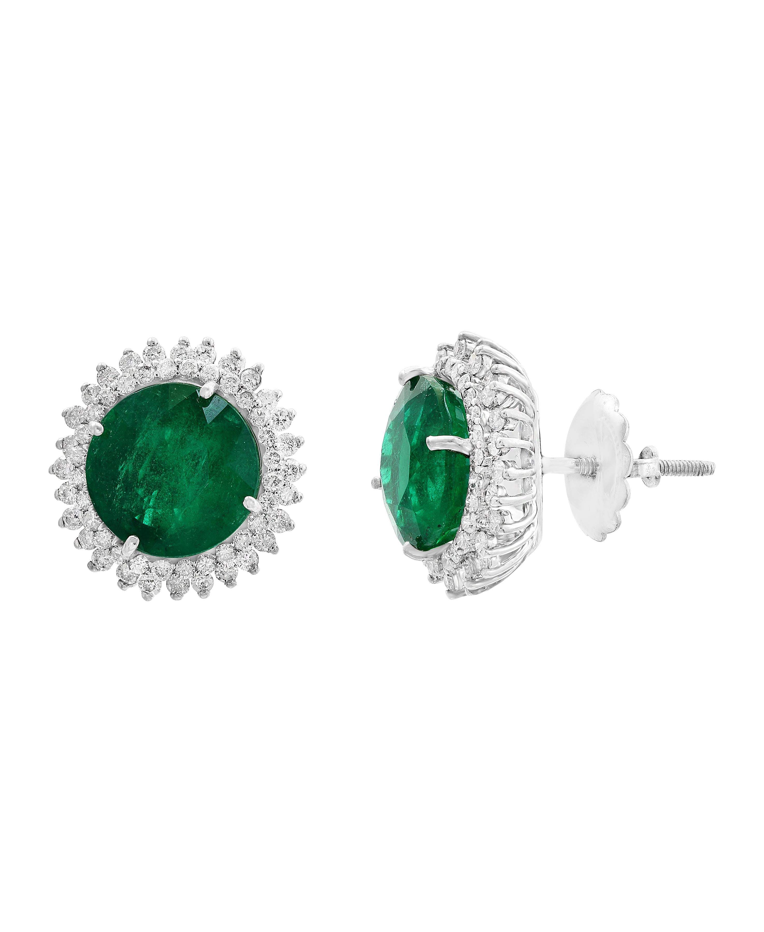 11  Carat finest Round Cut Emerald  perfect pair with  Diamond  Post  Earrings  14 Karat Gold 
This exquisite pair of earrings are beautifully crafted with 14 karat White gold .
 Fine  Round Cut Emeralds weighing approximately 11 carats  with no