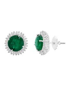 11 Carat Round Emerald and Diamond Stud Earrings 14 Karat White Gold