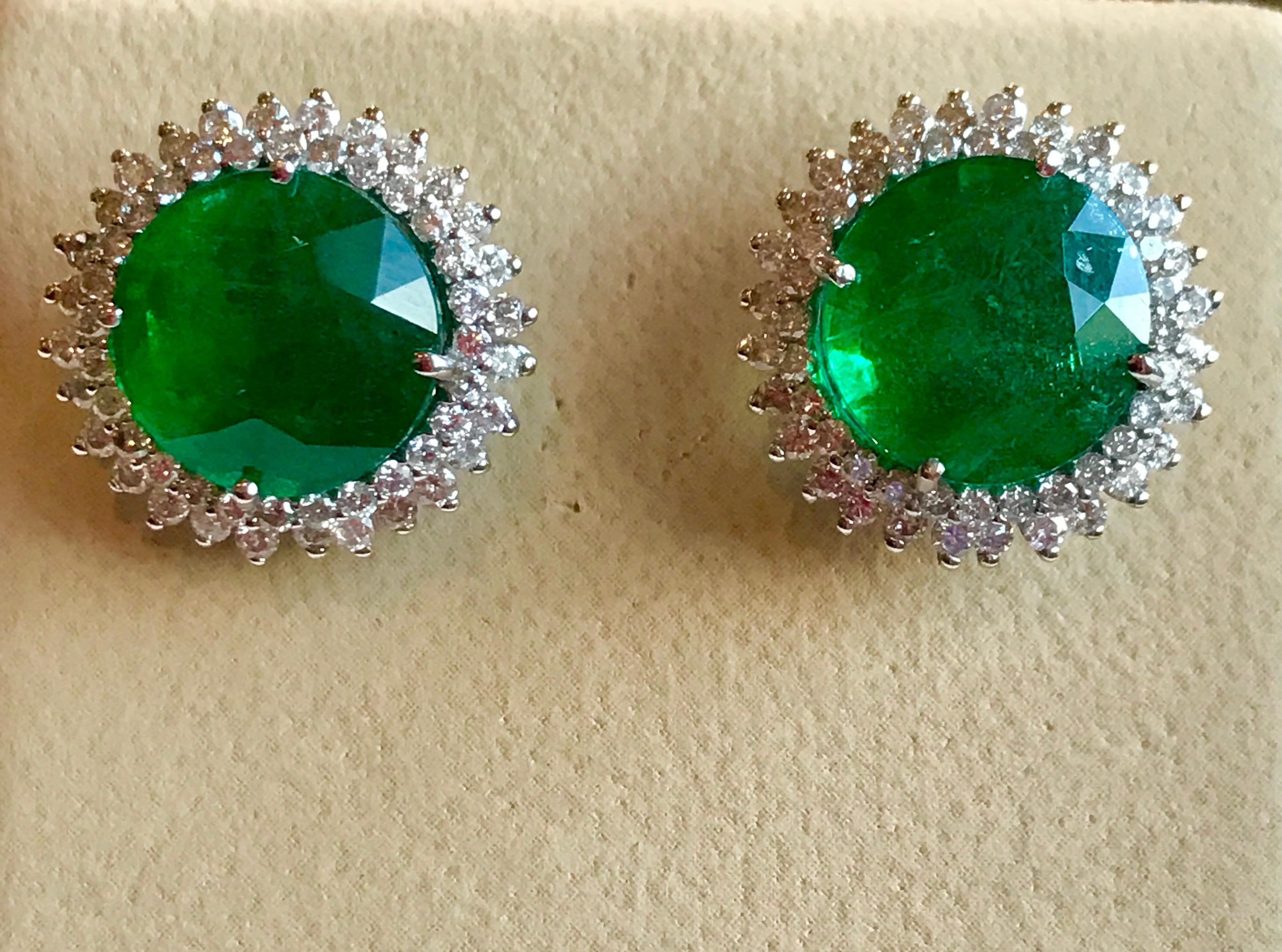 Round Cut 11 Carat Round Emerald and Diamond Stud Earrings 14 Karat White Gold For Sale