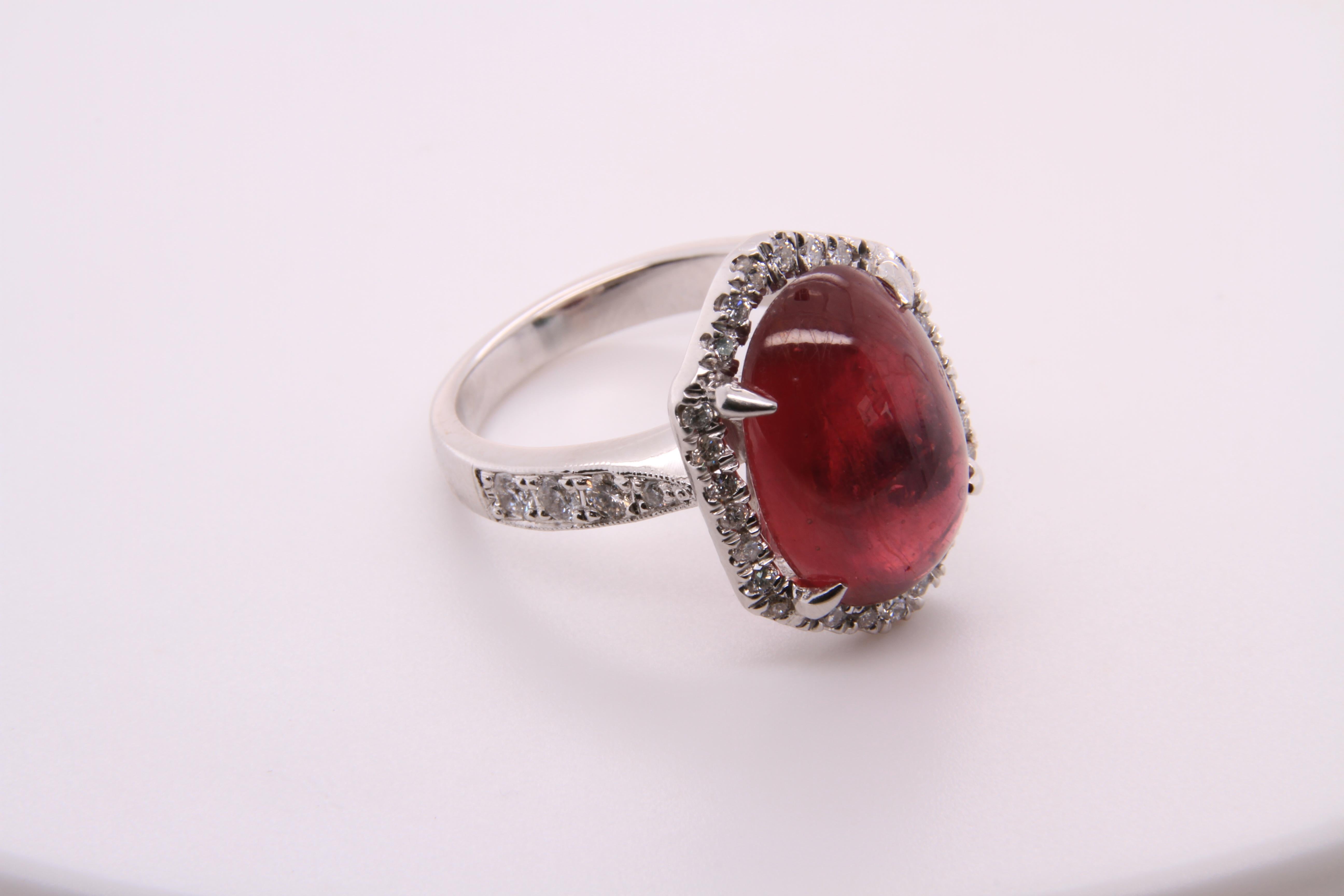 Women's or Men's 11 Carat Ruby Cabochon, Dome, with Diamonds, Cocktail Ring