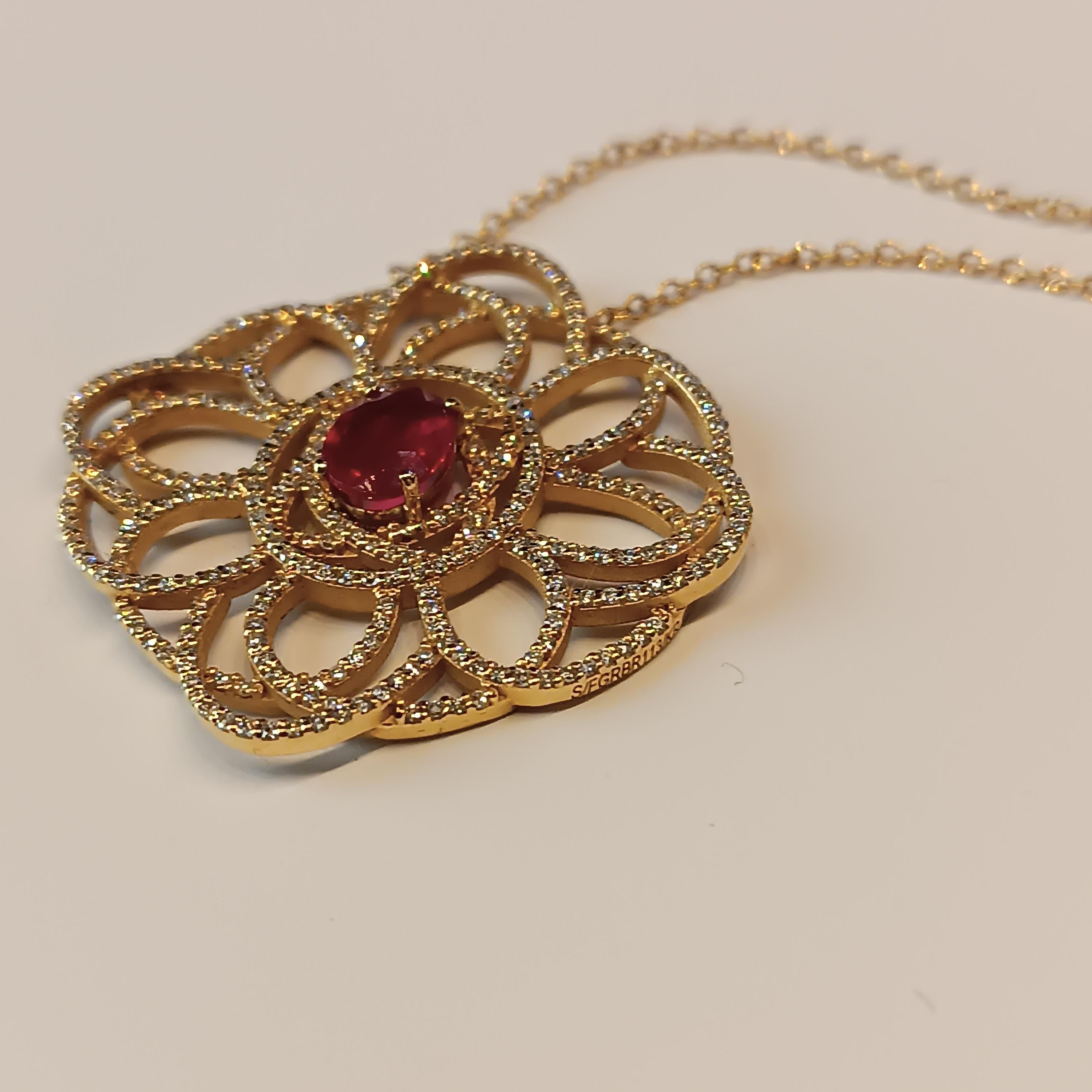 1.1 Carat Ruby with 1.68 Carats VS G Color Diamonds Rose Gold Necklace In New Condition For Sale In Milano, MI