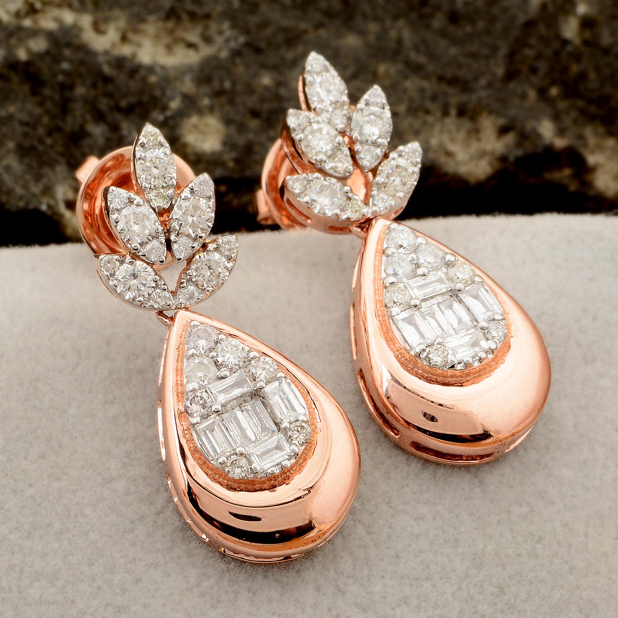 Modern 1.1 Carat SI Clarity HI Color Baguette Round Diamond Earrings 18 Karat Rose Gold For Sale