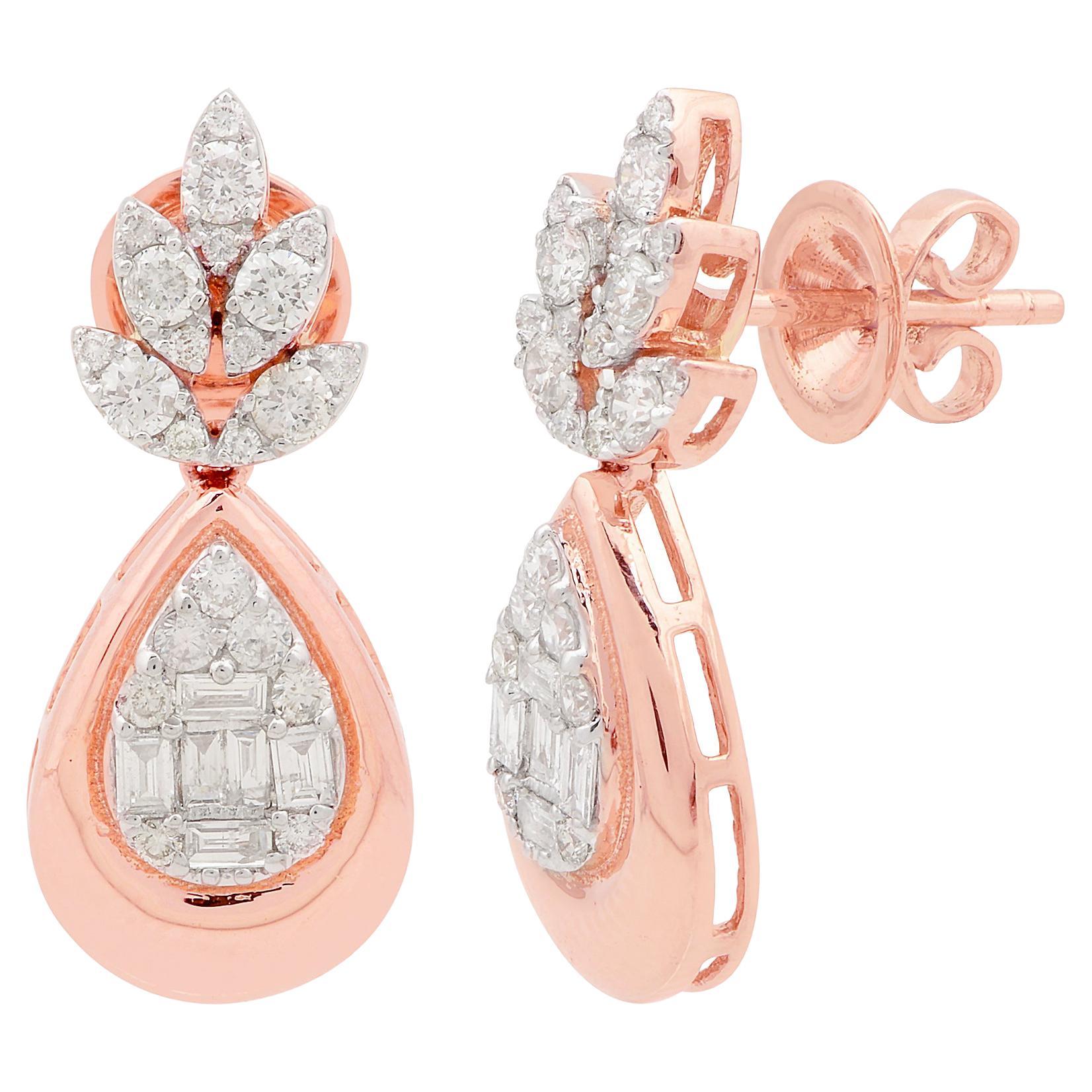 1.1 Carat SI Clarity HI Color Baguette Round Diamond Earrings 18 Karat Rose Gold For Sale