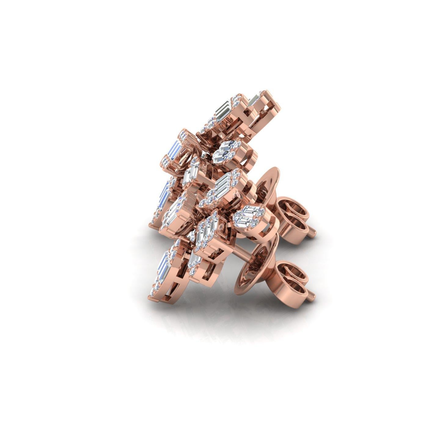 Baguette Cut 1.10 Carat SI/H Brilliant Cut Diamond Earrings 18 Karat Rose Gold Fine Jewelry For Sale