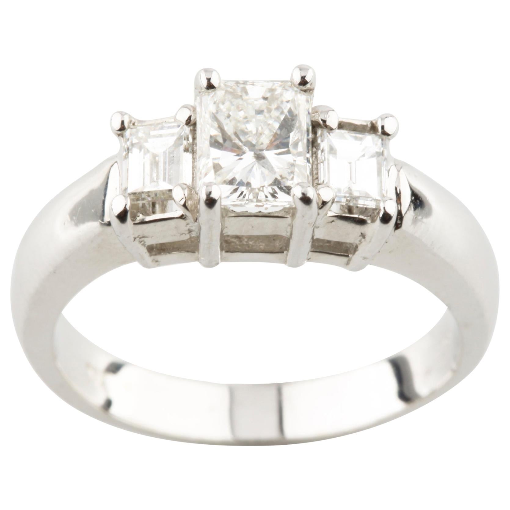 1.1 Carat Three-Stone Princess and Emerald Cut Engagement Ring White Gold For Sale