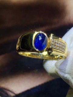 1.1 Carat Un Heated Mens Blue Sapphire Diamond Ring 18 Karat Yellow Gold