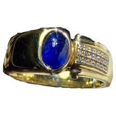 1.1 Carat Un Heated Mens Blue Sapphire Diamond Ring 18 Karat Yellow Gold